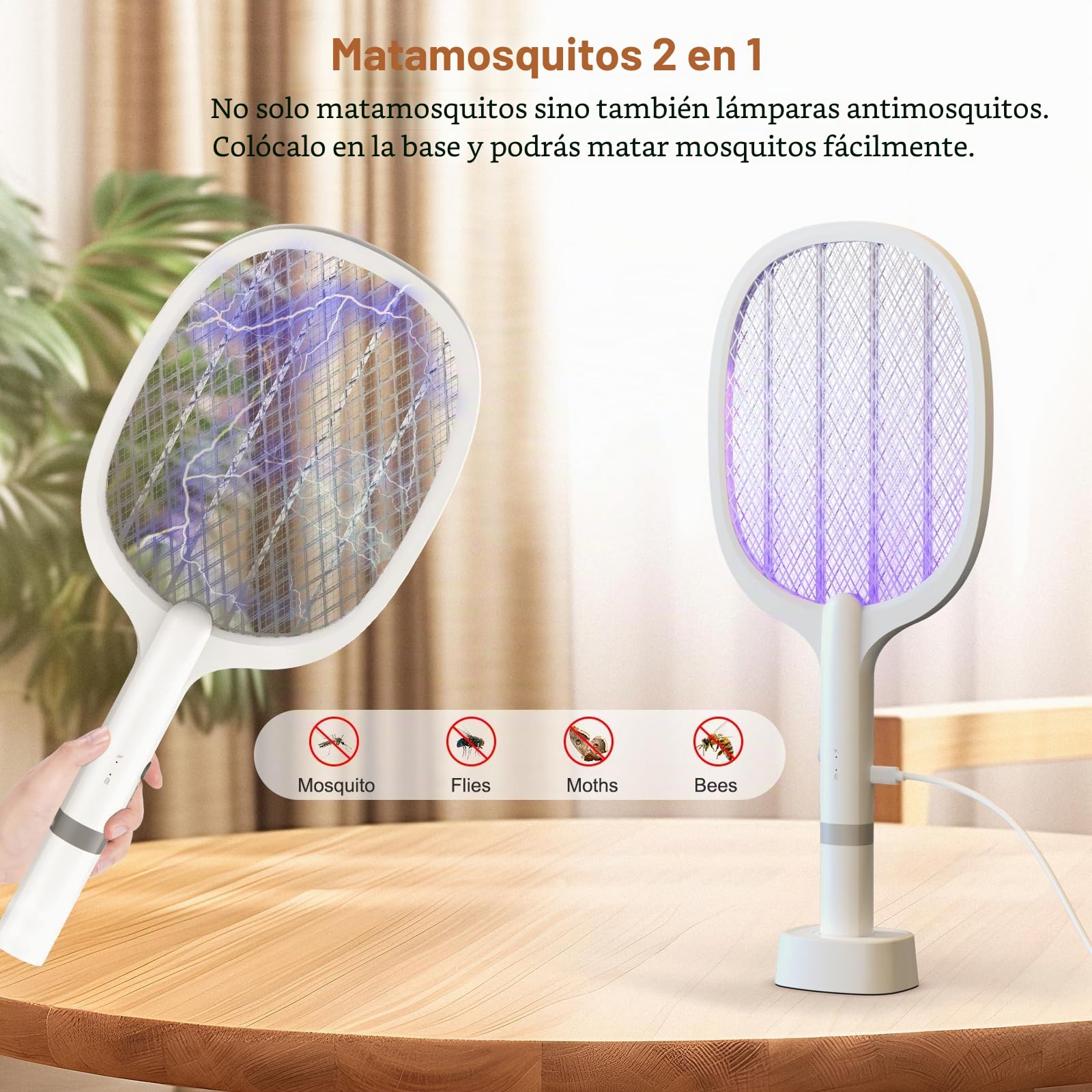 Matamoscas Eléctrico 5000V 1800mAh, Matamosca Eléctrico Extra Fuerte con Base de Carga USB C, Matamoscas Eléctrico 2 en 1 para Mosquitos, Moscas, Abejas, Avispas (2 PCS)