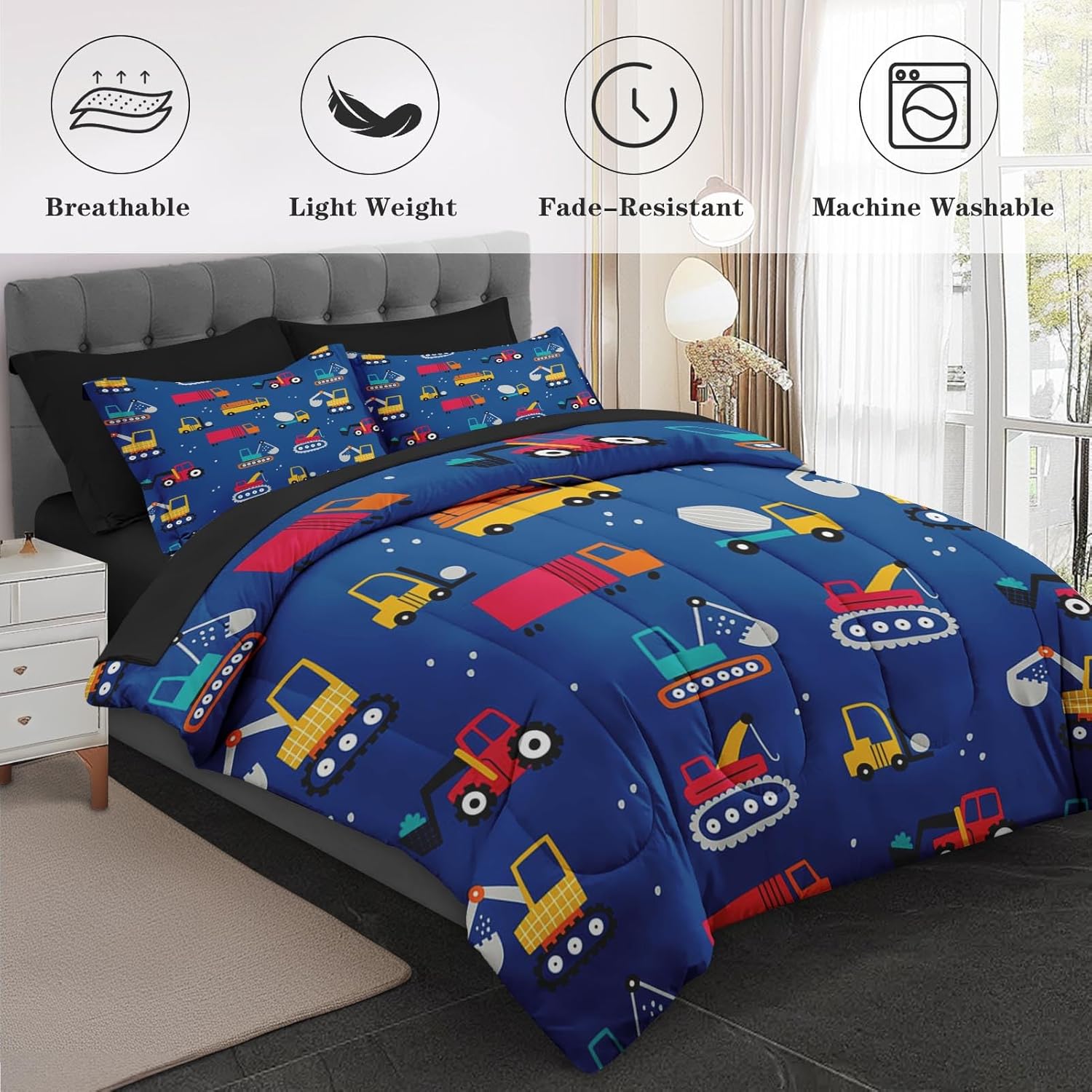 7Pcs Bedroom Comforter Set Queen Size, Cartoon Construction Bulldozer Crane Vehicle Truck Car, Bedding Decor Funny Excavator Digger Tractor Blue Bed Set Flat Fitted Sheet for Kids and Adults