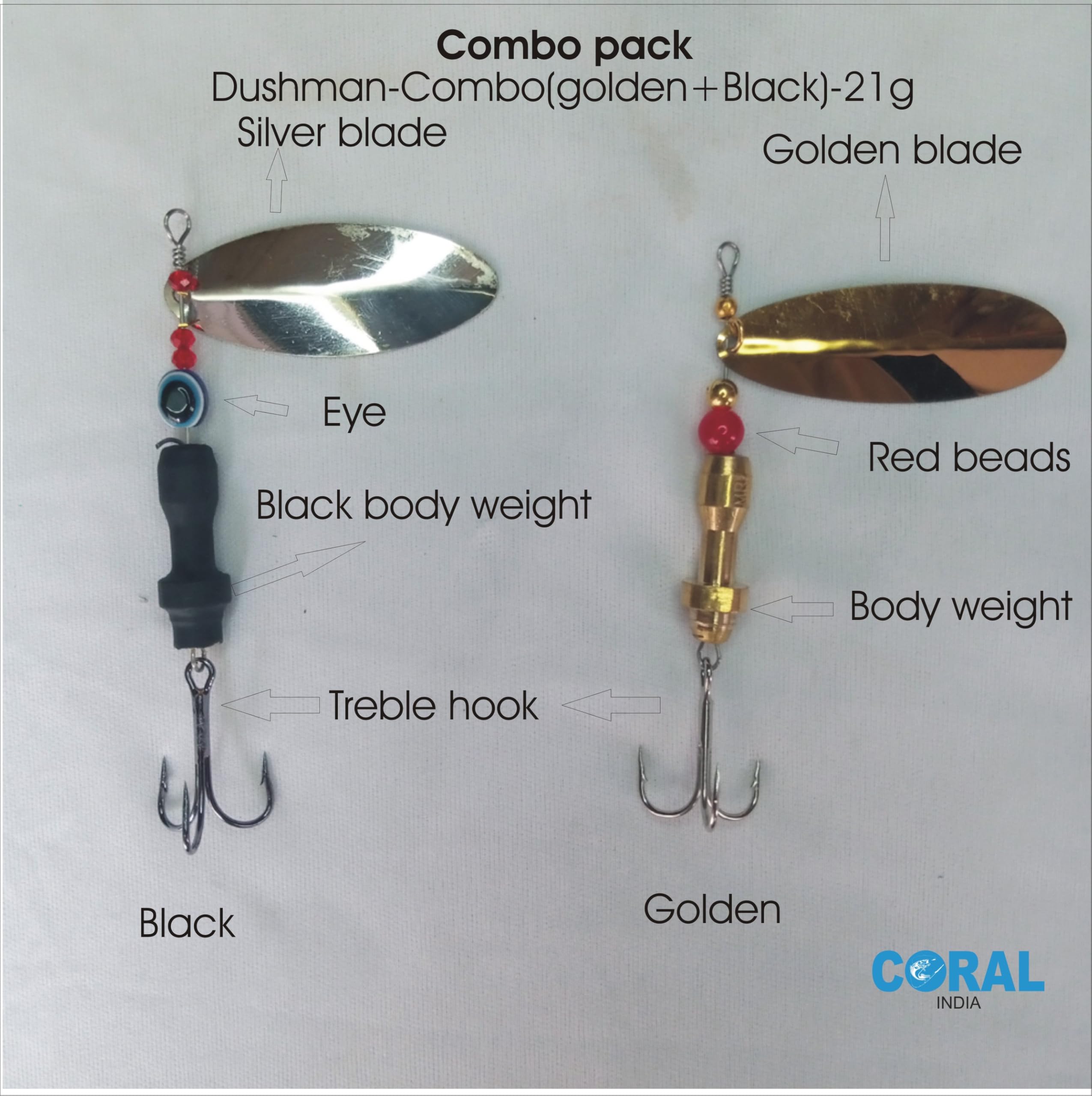 Premium Dushman-Combo 21g Fishing Lure (Brass Body, Treble Hook) by Brand CORAL INDIA | Combo-Pack Golden + Black Spinner Set | Heavy Weight 2