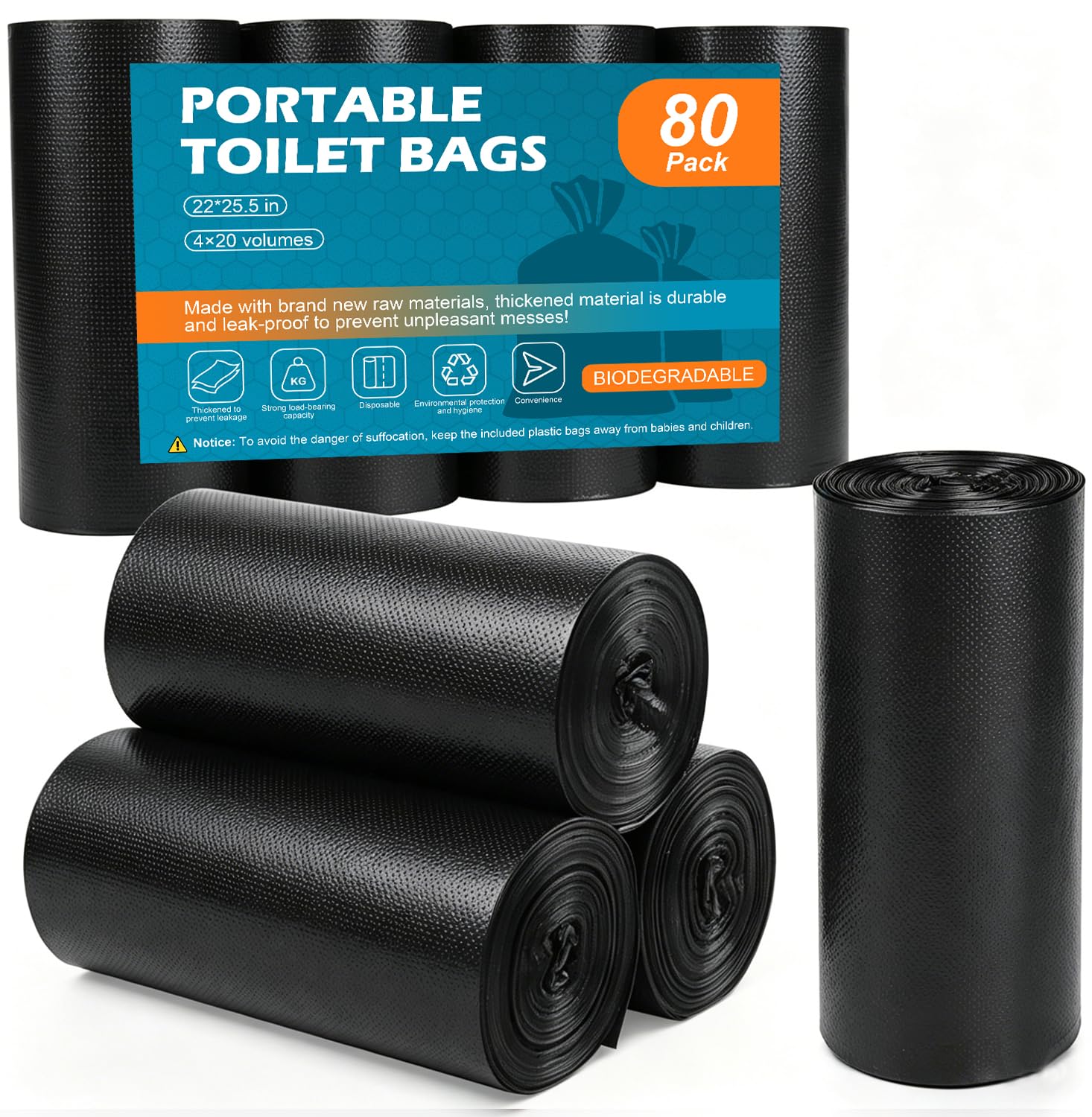 80 bolsas de inodoro portátiles que acampan, bolsas de basura biodegradables engrosadas de 8 galones para viajes en barco al aire libre