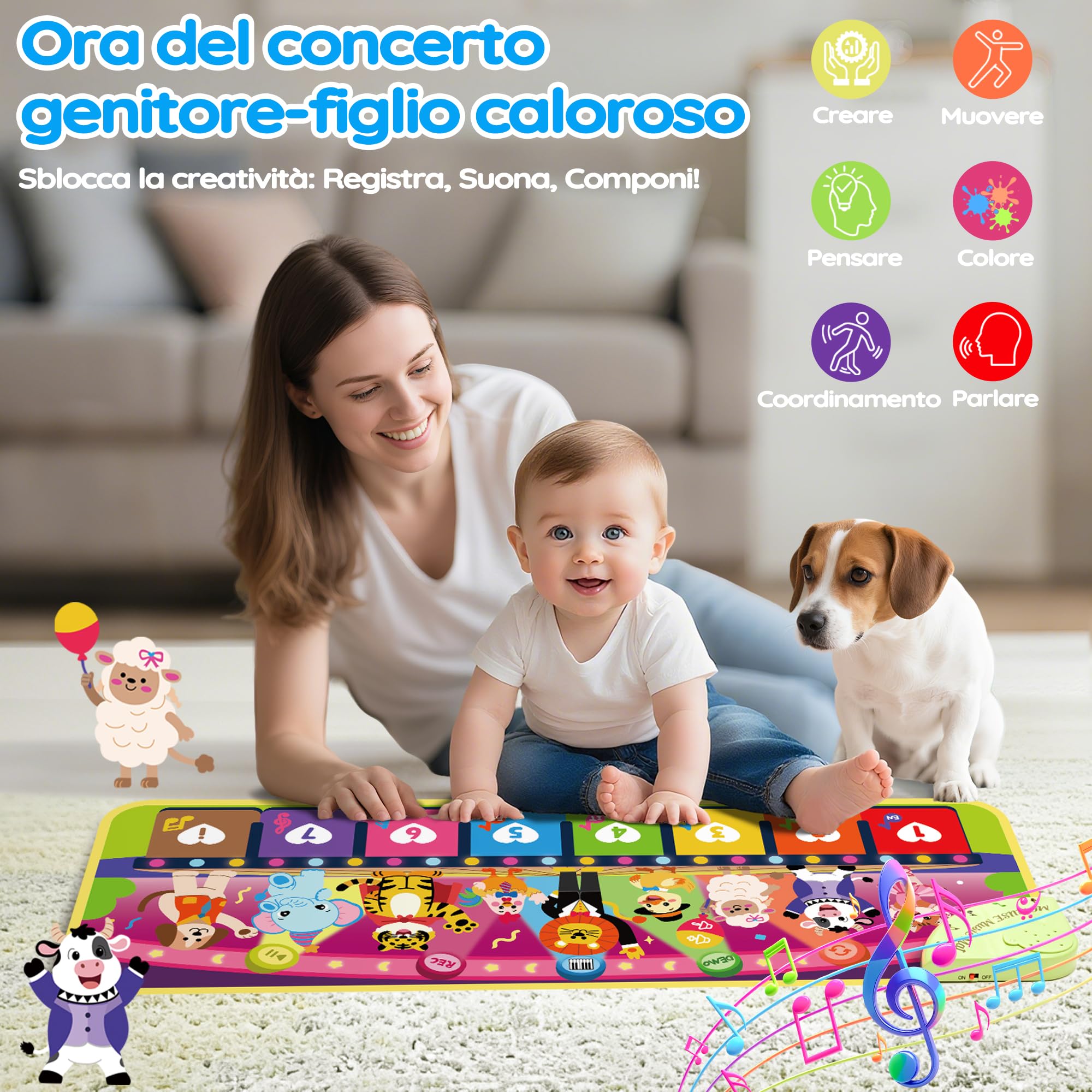 MOMUSE Tappeto Musicale 5 Lingue (IT/DE/FR/EN/ES), Regali Bambini 1 Anno, Tappeto Gioco Multilingue con 9 Animali, Portatile, Leggero, Regalo per Natale/Compleanno Bambini 1 2 3 4 Anni