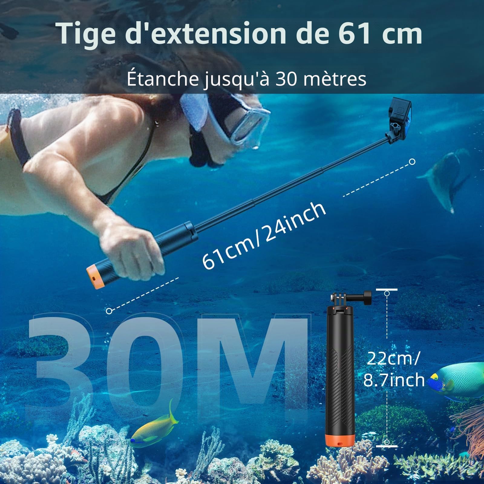 Poignée Flottante pour GoPr, Poignée Flottante pour trépied Monopode Selfie Extensible et étanche pour Go Pro Hero 13,12,11,10,9,8,7,6,5,4,3, 3, DJI OSMO, Insta360 et la Plupart des caméras d'action