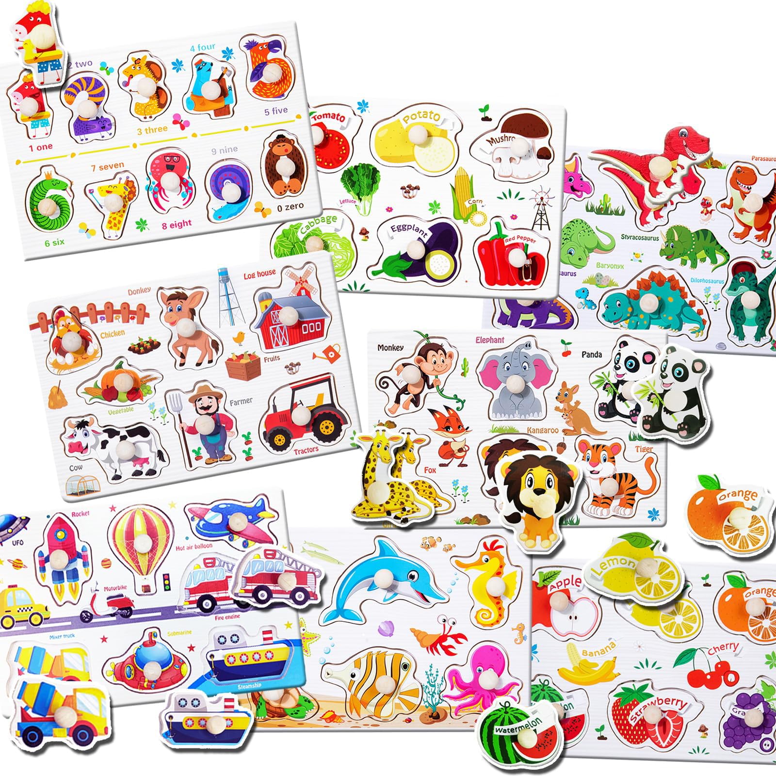 8 Pack Wooden Peg Puzzles for Toddlers 1-3, Kids' Educational Preschool Peg Puzzle Toy, Toddler Puzzles -Animal, Traffic,Number, Dinosaur, Vegetable and Fruit, Gift for Ages 1 2 3 Boys and Girls