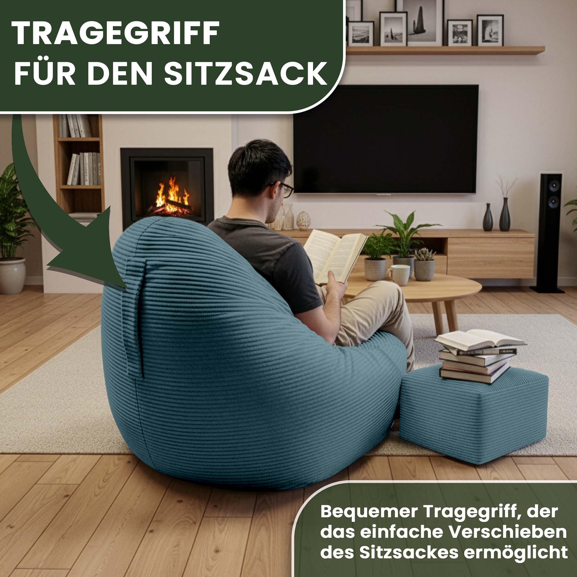 DreamRoots Sitzsack Erwachsene Cord oder Kinder - Bean Bag Sofa - Sitzsack Cord mit Hocker und Bezug - Sitzsäcke mit Füllung 90x90x100 cm Ocean Depths