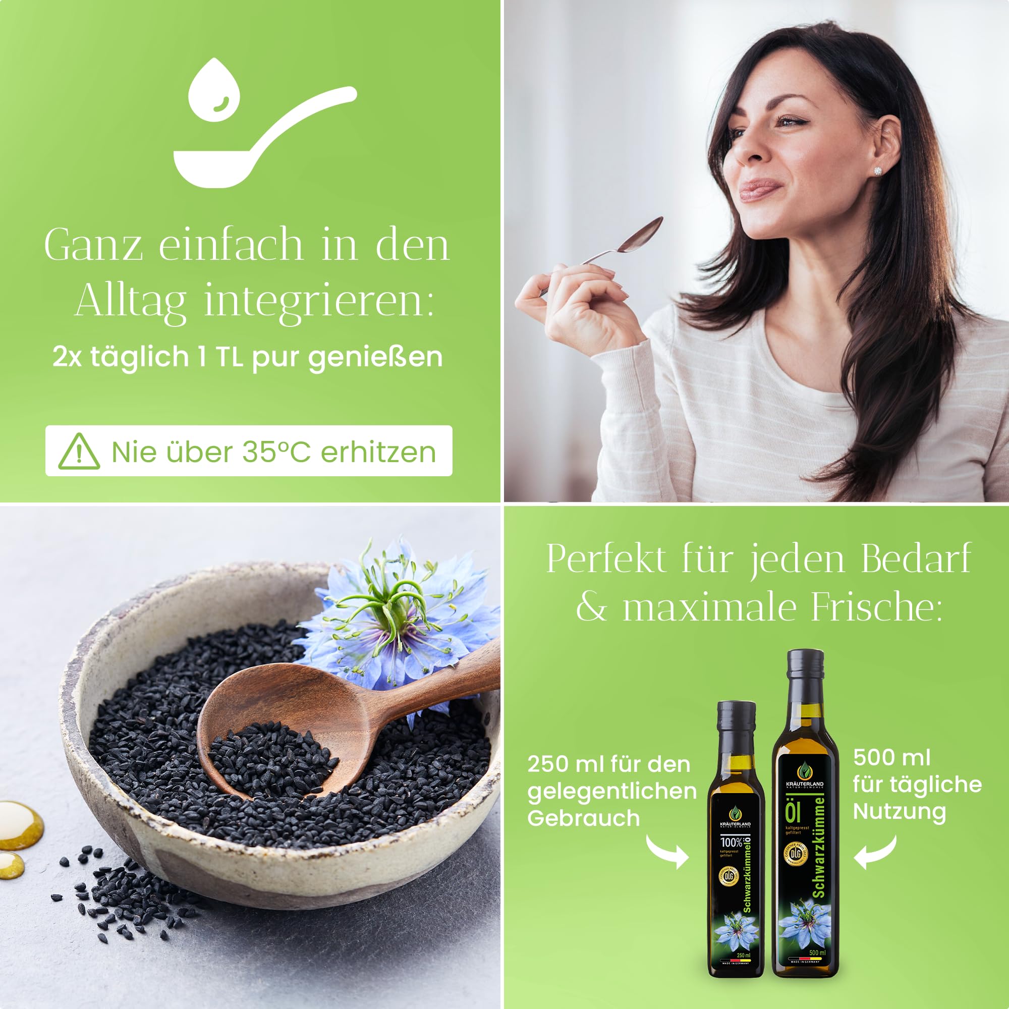 Kräuterland Schwarzkümmelöl 2X500ml (1Liter), gefiltert, naturrein ohne Zusatzstoffe, hoher Thymochinon, kaltgepresst, vegan, mild, glasflasche, mühlenfrisch direkt aus unsrer hessischen Ölmühle