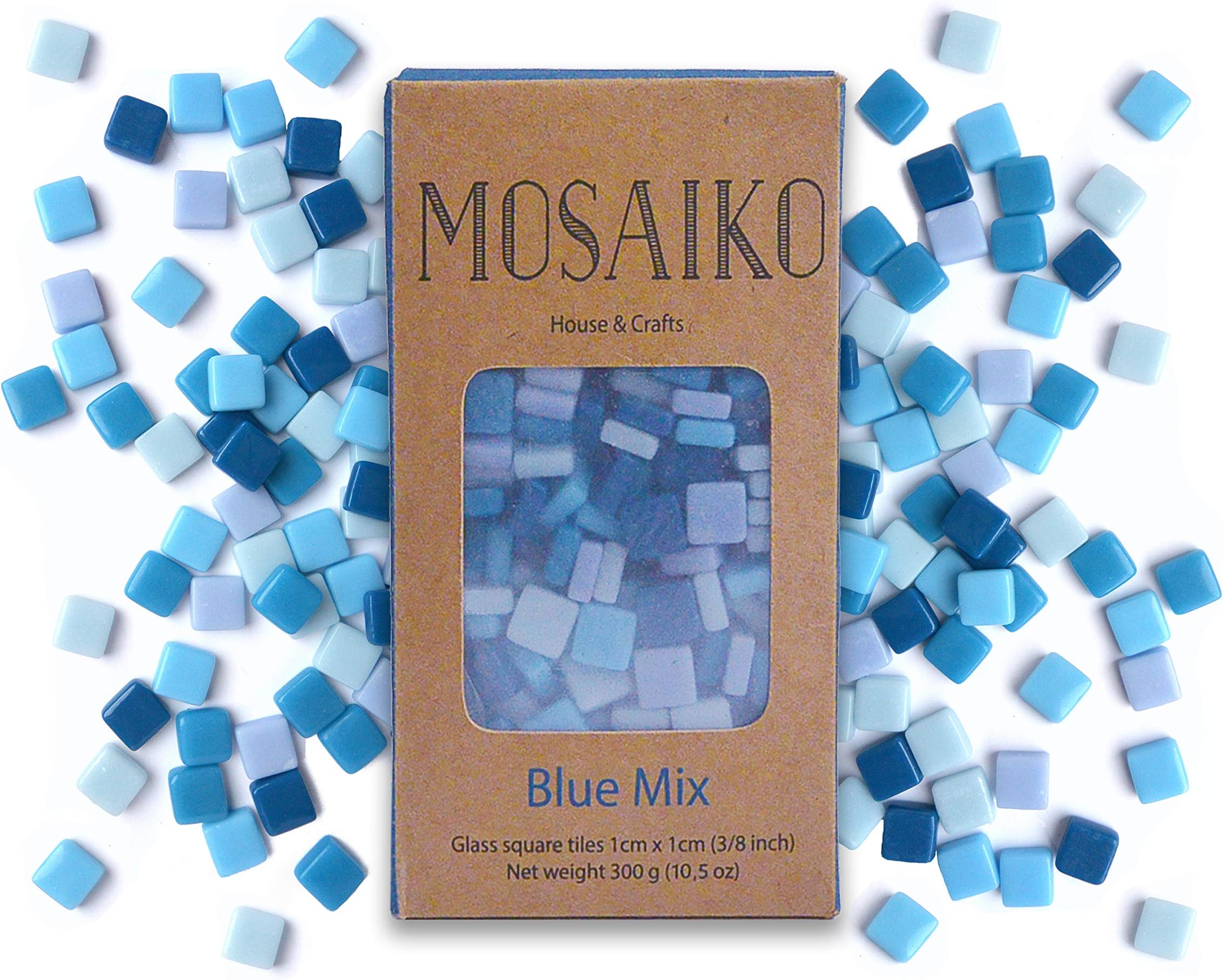 MOSAIKO Blue Mix 300g (10.5oz) - Mosaic Glass Tiles for Crafts - Premium Quality Stained Square Pieces 1cm x 1cm (3/8 inch) - Perfect for Home Decor, DIY Crafts, Pixel Art, Kid Play, Adult Hobbies