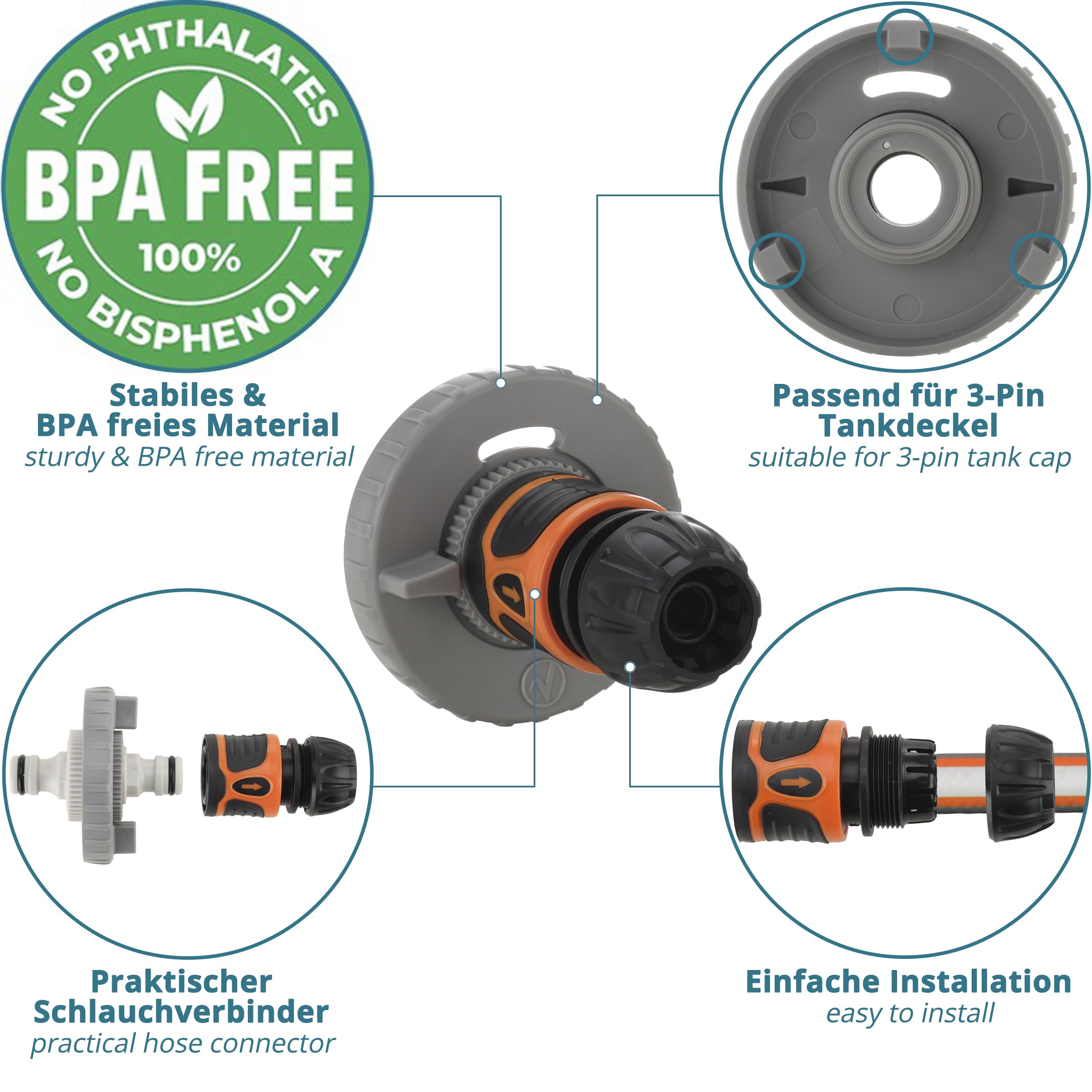 tappo per serbatoio dell' acqua – 3 perni diametro 78 mm – grigio scuro – per camper con tubo per il bocchettone dell'acqua +Plus: adattatore per tubo dell'acqua - 3