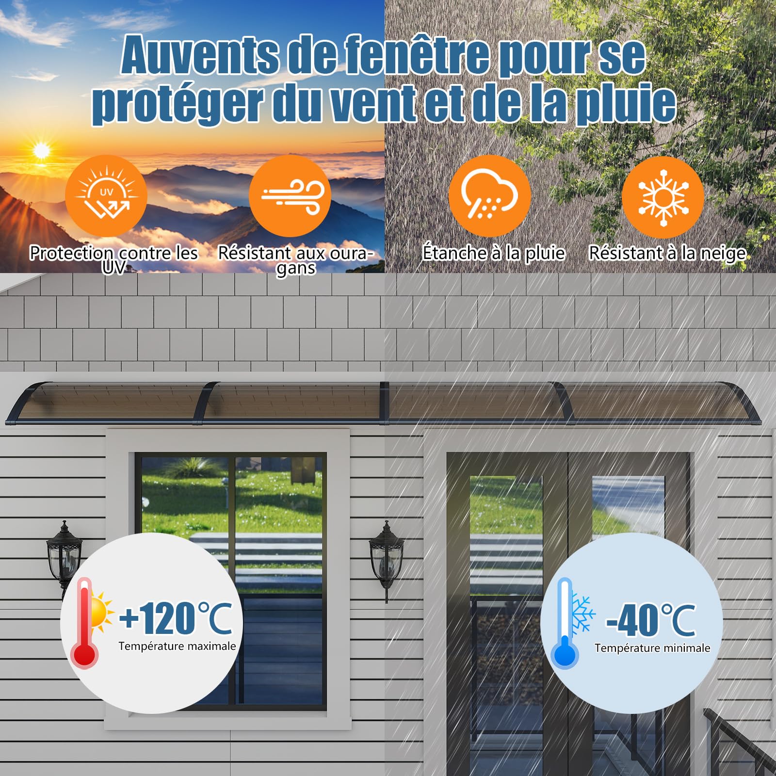 GUANSU 300x80cm Marquise de Porte Extérieure, Auvent Polycarbonate Anti-UV | Bloque UV & chaleur, Anti-pluie vent neige, Auvent porte d'entrée pour terrasse/balcon/fenêtre, Support ABS anti-rouille