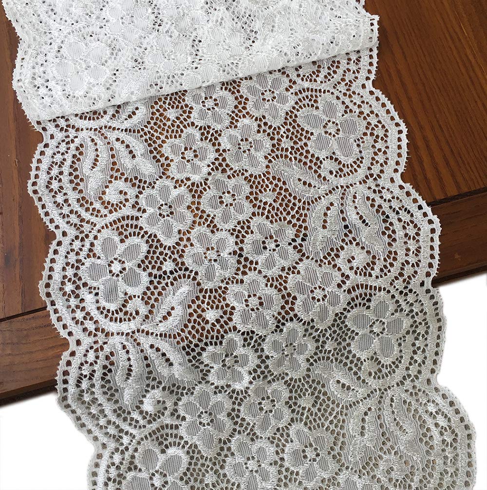 LaceRealm 7 Inch Wide Floral Stretchy Lace Elastic Trim Fabric for Garment & DIY Craft Supply- 5 Yard off-white 7018