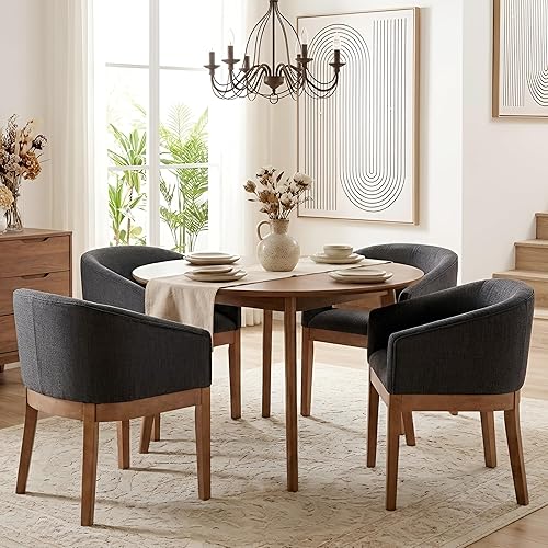 Miniatura 8 de Juego de 6 sillas de comedor de barril tapizadas modernas de mediados de siglo con brazos, sillas de cocina y comedor de lino de granja con marco