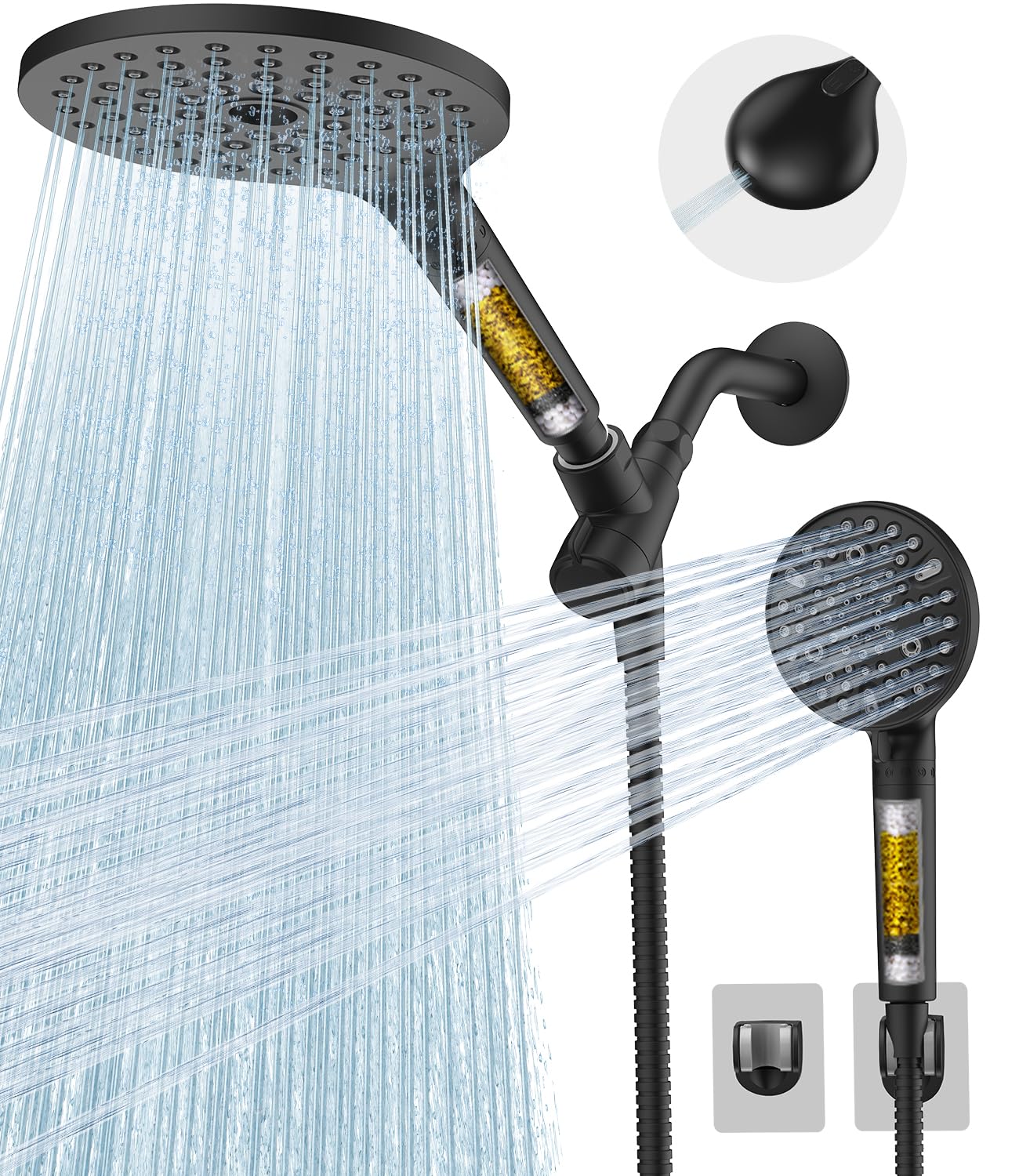 Soffione doccia a doppio filtro, soffione doccia a pioggia ad alta pressione con spray portatile integrato Power Wash, doppio soffione doccia portatile per acqua dura, rimuove il cloro per una pelle