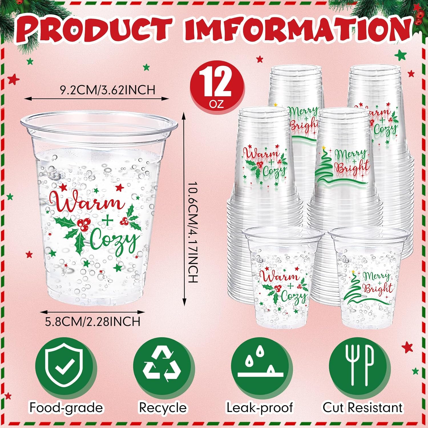 100 Pack Christmas Plastic Disposable Cups Bulk 12 oz Xmas Plastic Cups with Red and Green Sayings for Holiday Merry Bright Warm Clear Drinking Cup for Christmas Holiday Party Decoration - Image 2