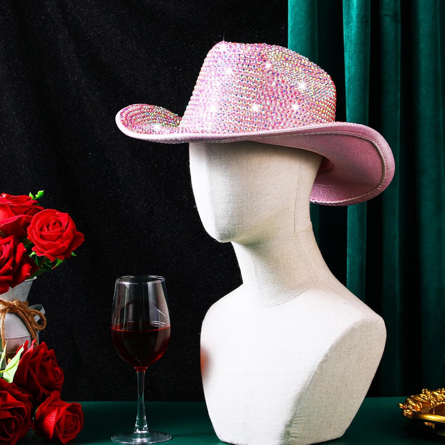 Hercicy Rhinestone Cowboy Hat with Diamond Fringe CowHat for Cosplay Wedding circumference between 21.5 and 23.5 inches