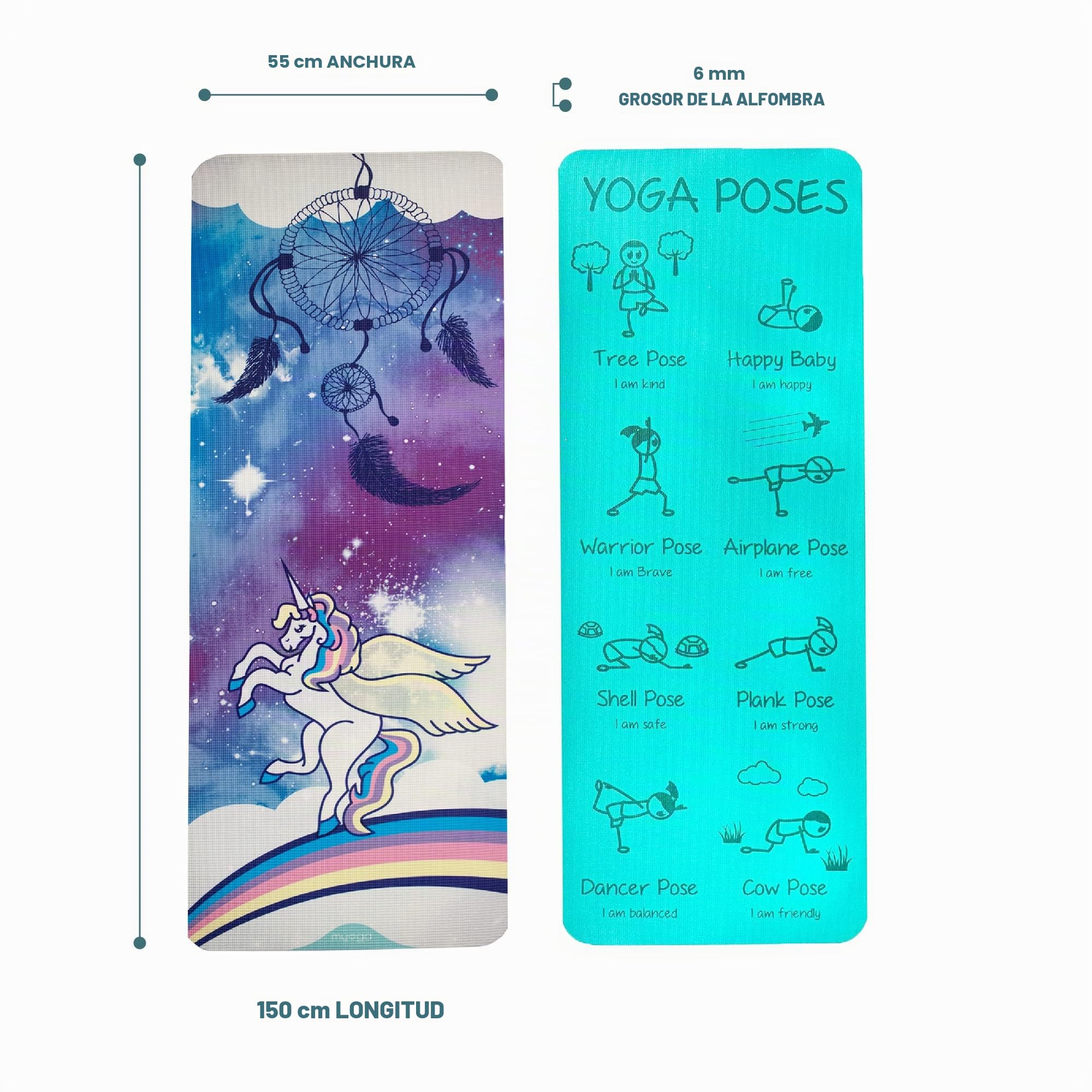 Myga Esterilla de Yoga para niños - Esterilla Antideslizante para niños para Yoga, Fitness y Ejercicio - Esterilla Multiusos con 8 Posiciones de Yoga en la Espalda - Cómoda, Ligera y Apta para Viajes