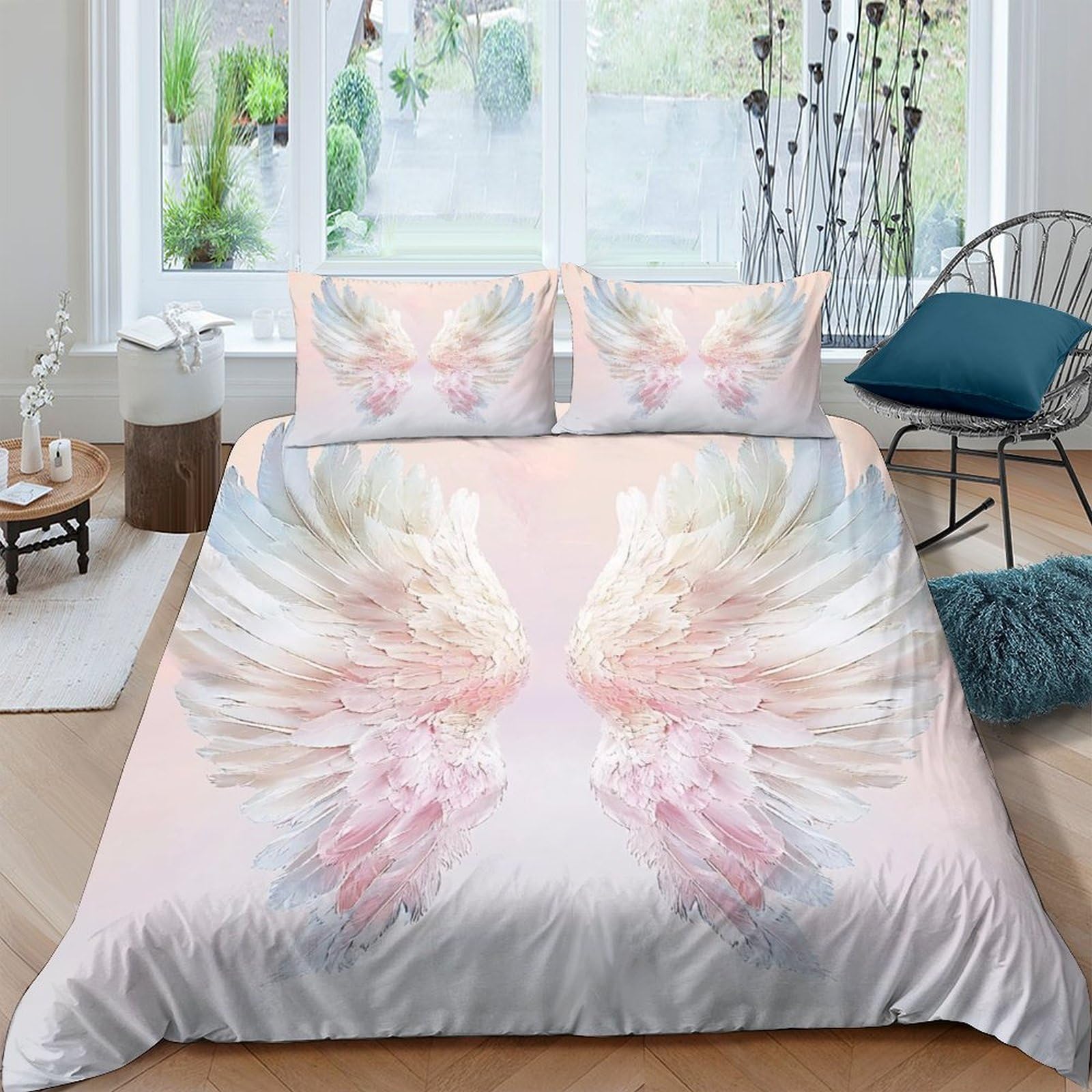 Ctjqhvkz Style-10 3D Printed Angel Wings Fitted Sheet Microfiber Soft Pink White Feather Bed Cover For Bedroom Guest Room Decor Mattress Protection Single（135X200cm）