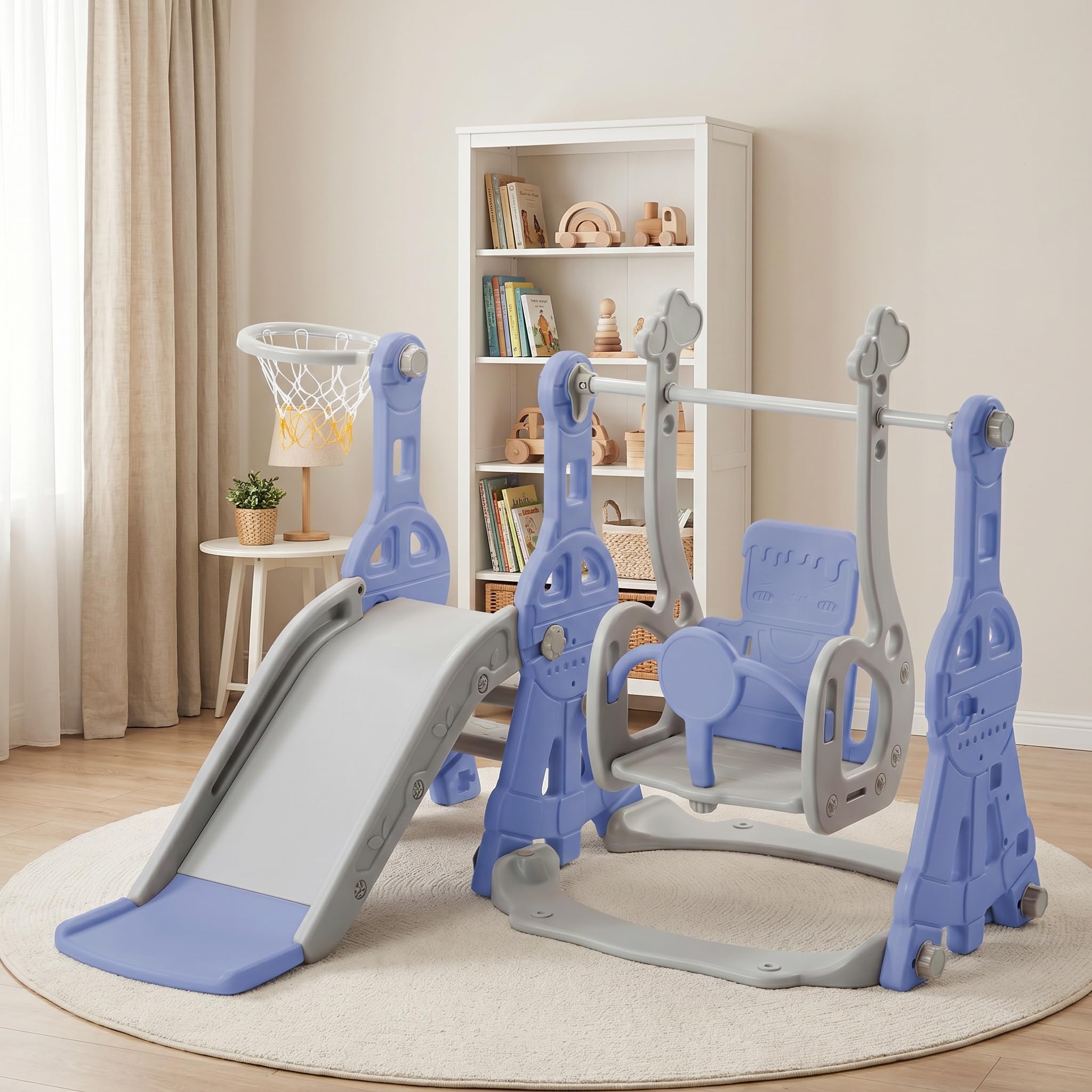 Tobogán al aire libre infantil, 4 en 1 columpio con tobogán con toboganes, escaleras, columpios y cestas de baloncesto, aplicable para niños físicos casas jardines de infancia parques (azul)