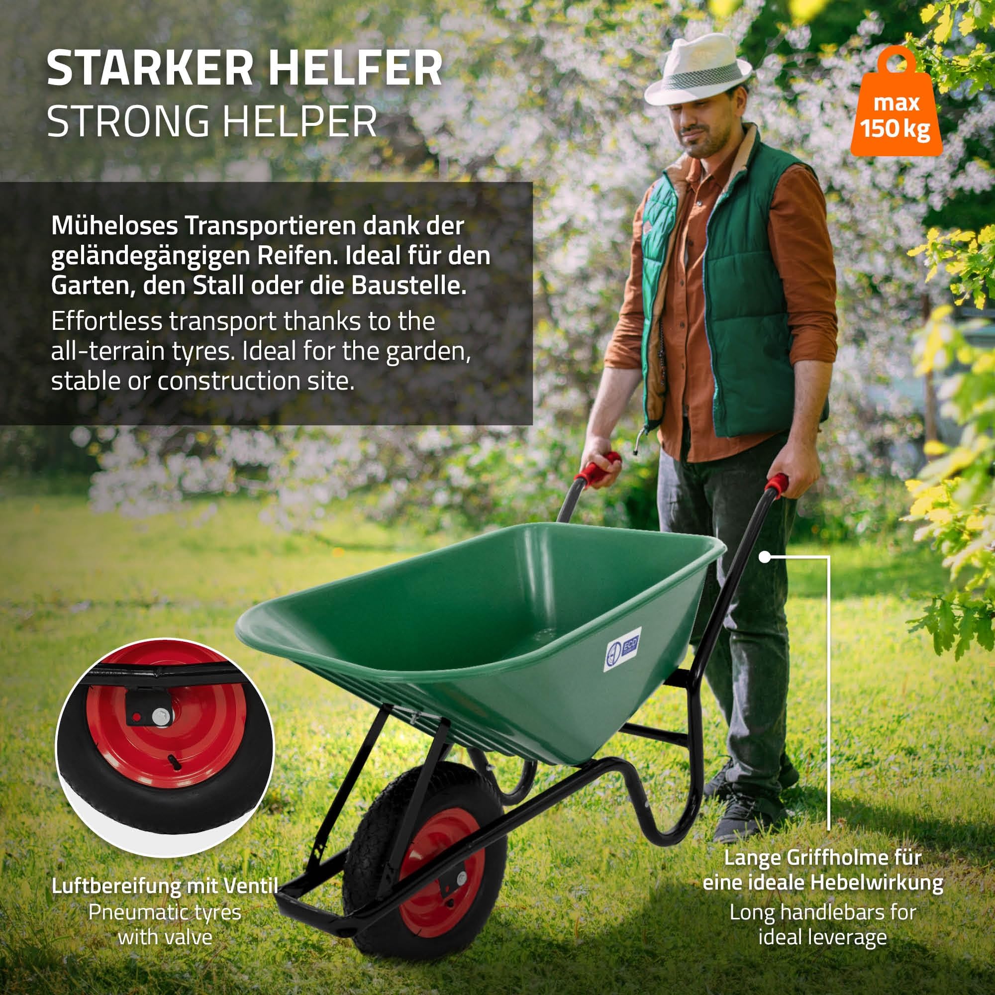 ECD Germany Carriola da Giardino con Telaio in Metallo e Vasca in Polipropilene Verde Capacità 100 L 150 kg per Trasporto con Ruota in Gomma Pneumatico Diametro 40 cm 16" Manici Lunghi