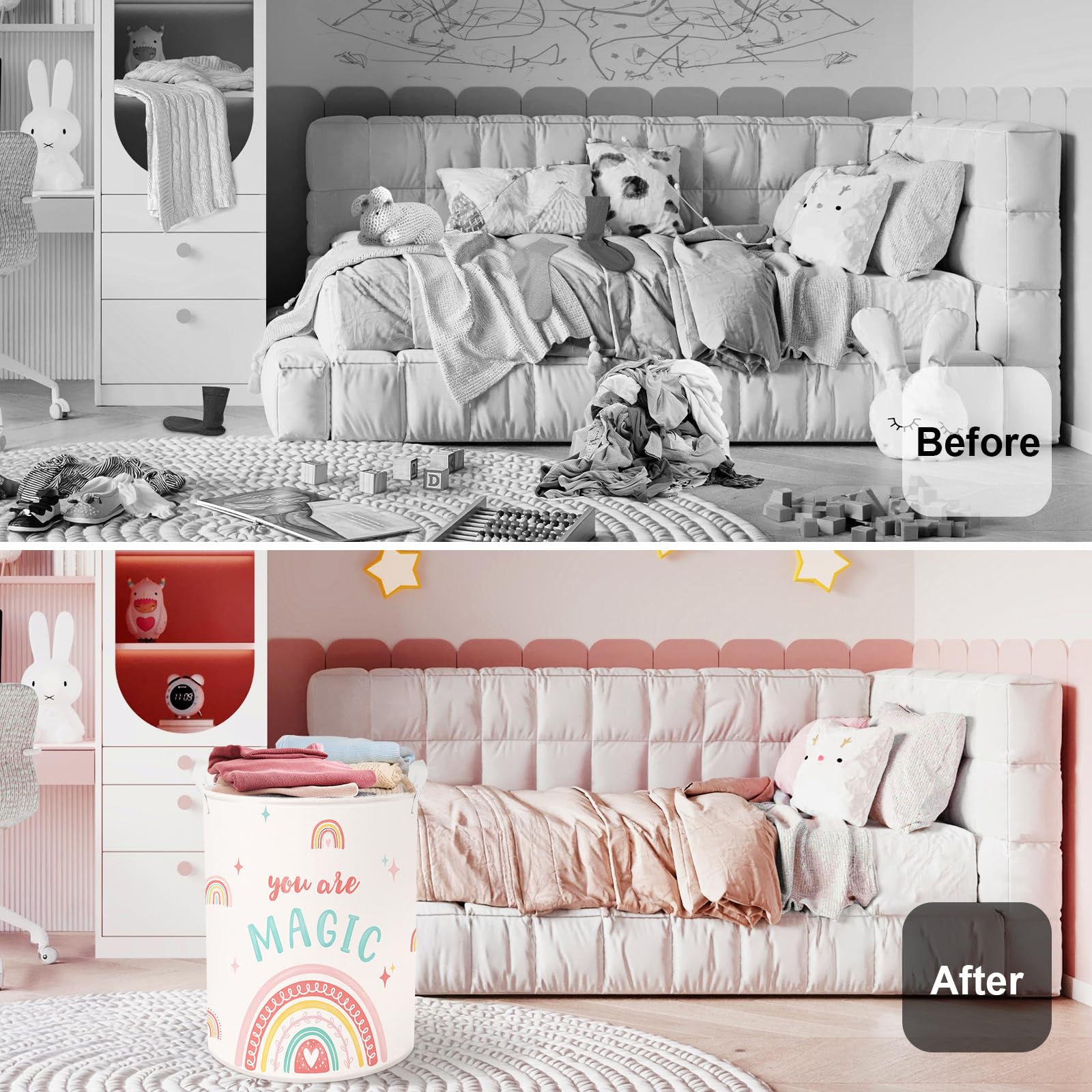 HUUMONSS Boho Rainbow Baby Laundry Hamper Collapsible Clothes Kids Storage Basket Large Girls Gift Toy Box Bin for Nursery Room Pink - Image 2