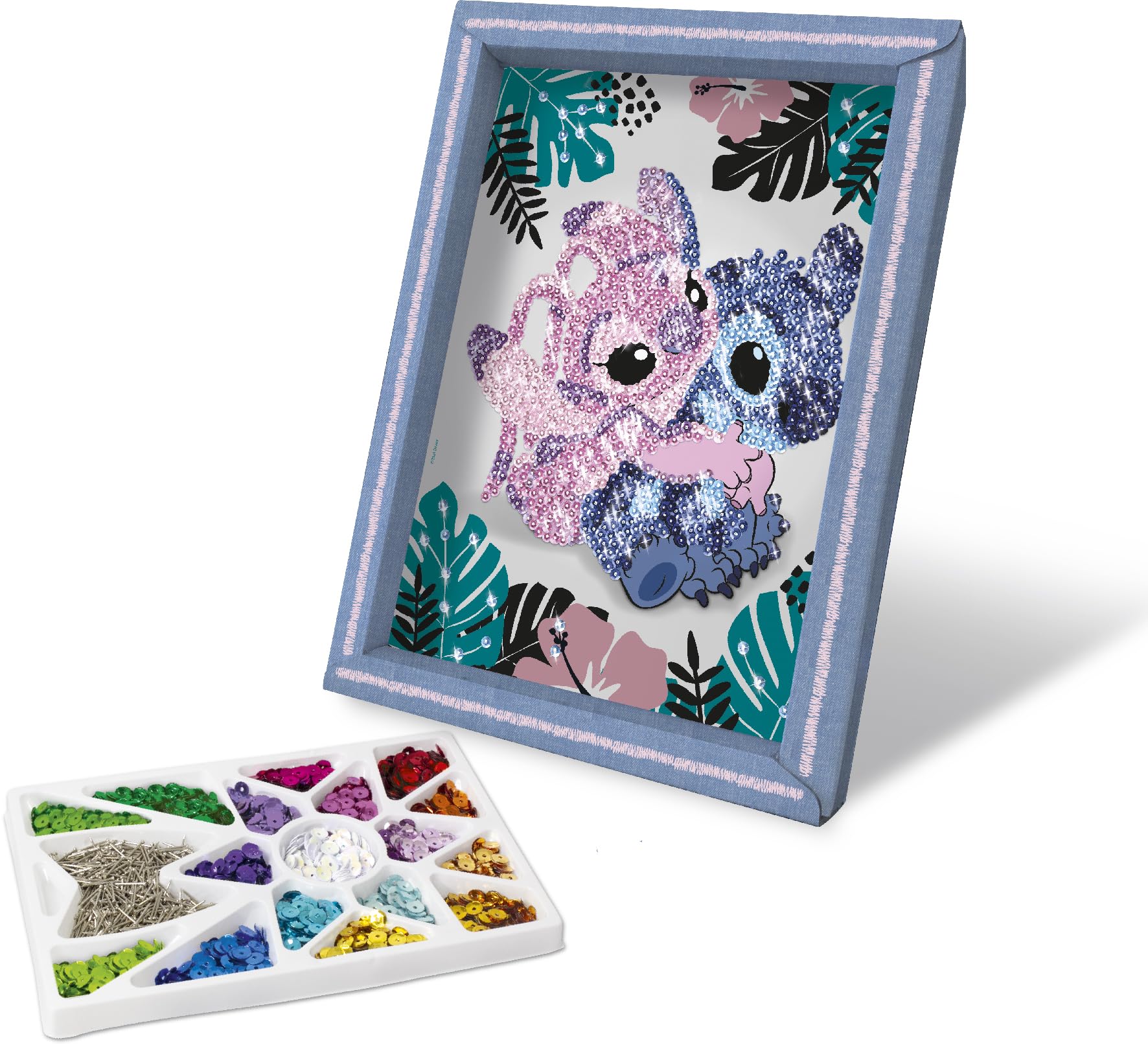 Lansay - COLLECTION SEQUINS STICH & ANGEL - Paillettenbild Bastelset für Kinder ab 7 Jahren - DIY Glitzermosaik inkl. Rahmen, bunten Pailletten & Nadeln - Kreative Disney Deko Geschenkidee Mädchen
