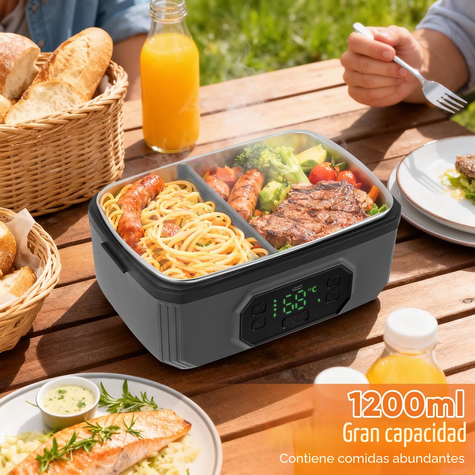 Fiambrera Eléctrica Sin Cables 1.3 L,Tupper Calentador para Comida,Recargable para Almuerzo Eléctrico con Batería 24000mAh, Para Coche Camión Oficina y Trabajo