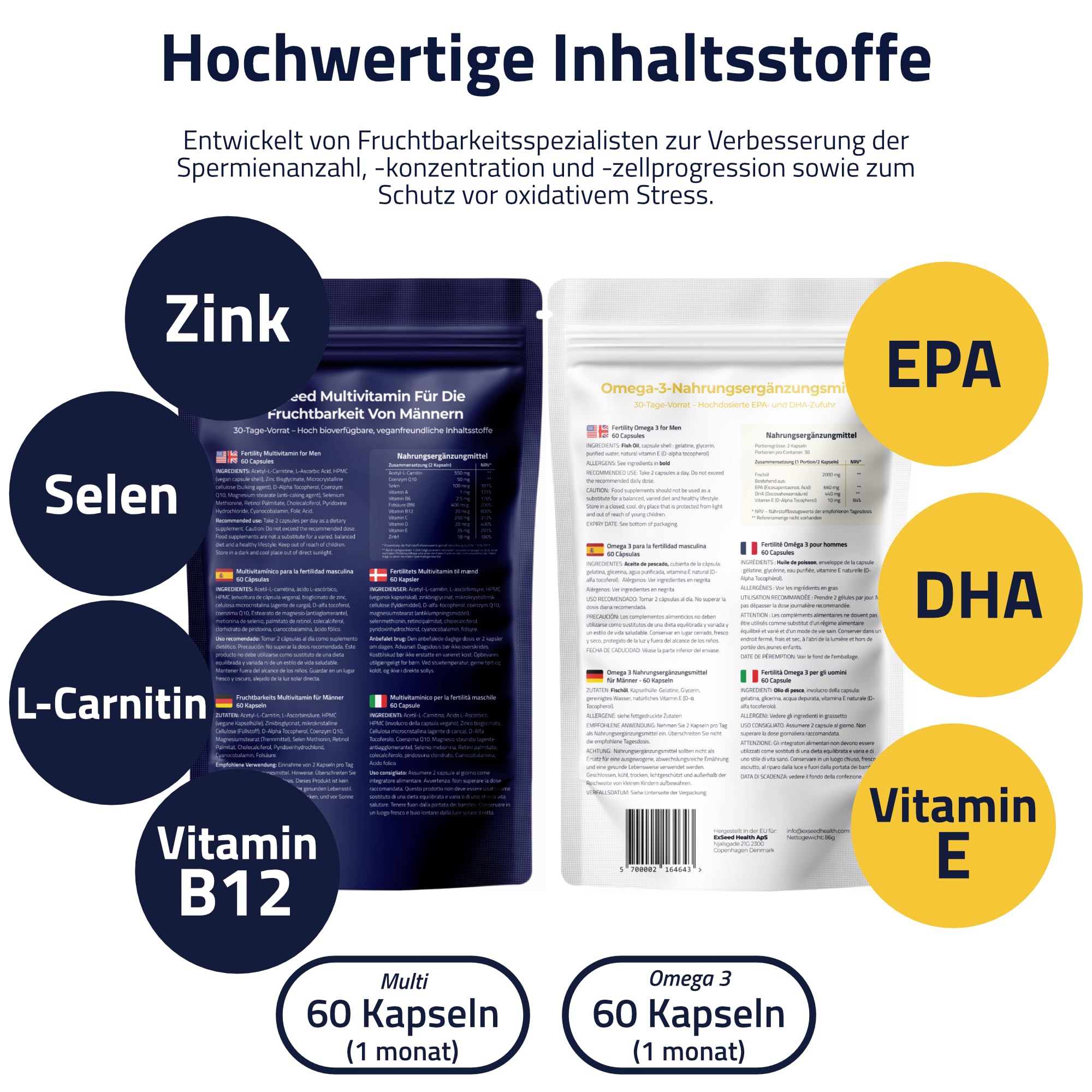 Health - Fruchtbarkeits-Test-Set für Männer - 2 Testkits & Fruchtbarkeits-Präparate - Multivitamine & Omega 3 - Komplettes Test-Set - Testen & Verbessern Sie die Gesundheit Ihrer Spermien | 2 Testkits, Fruchtbarkeits-Präparate, Multivitamine & Omega 3, Ko