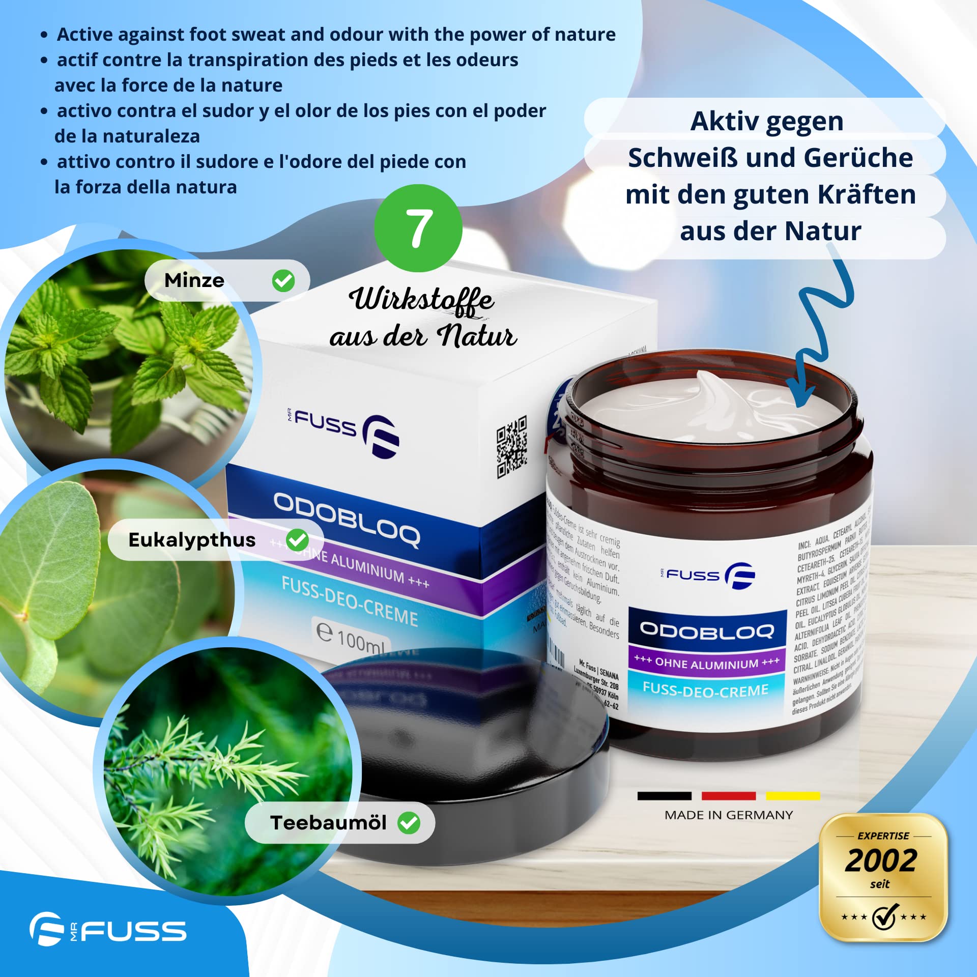 Mr. Fuss® ODOBLOQ Dezodorant do usuwania nieprzyjemnych zapachów, krem przeciw poceniu się stóp i silnemu zapachowi stóp – bez aluminium – 100 ml – krem do pielęgnacji stóp dla kobiet i mężczyzn