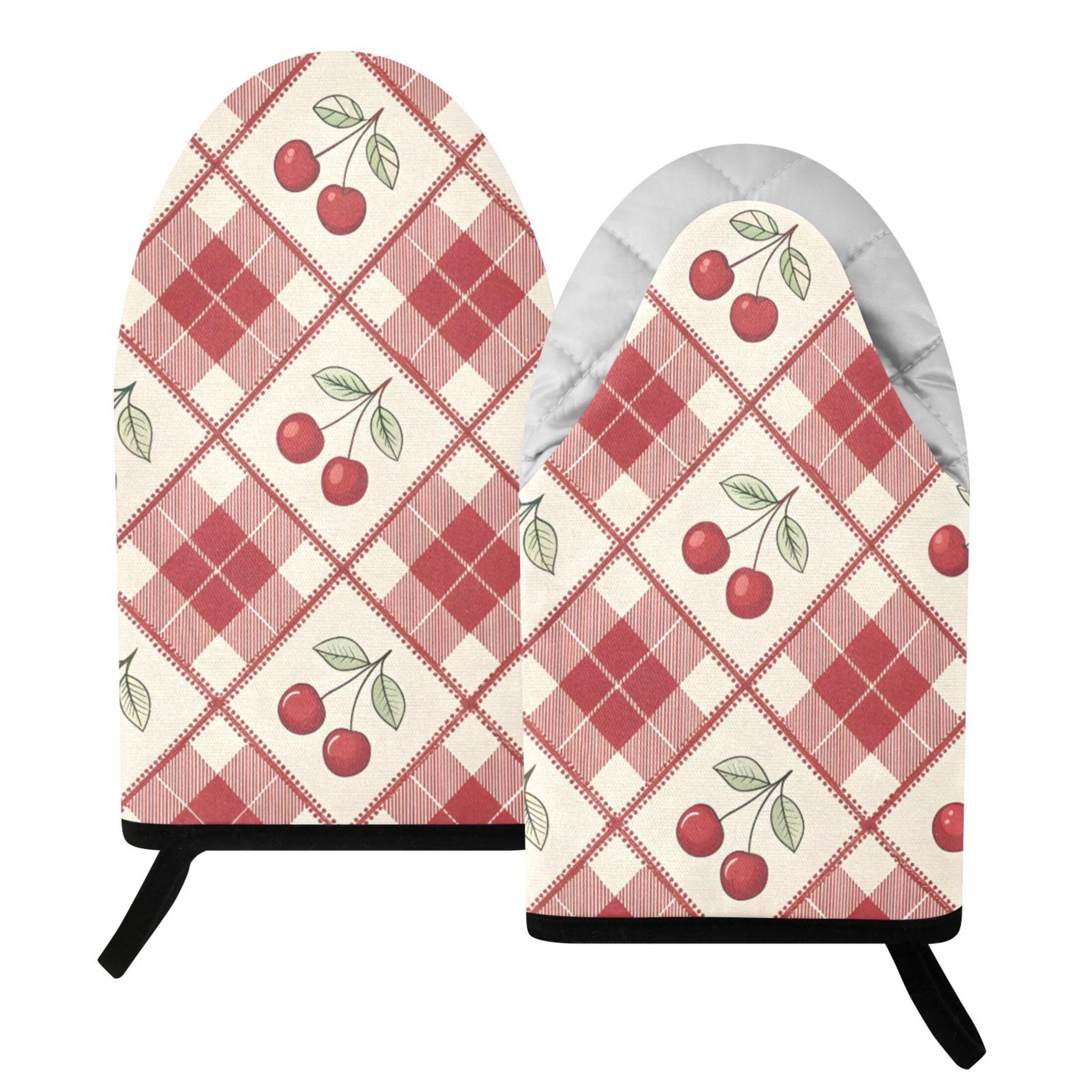 Fuauuyl Oven Mitts Heat Resistant Kitchen Gloves, Cherry Berry Gingham Classic Oven Gloves with Hanging Loop for Baking BBQ Cooking Grilling, 1 Pair, 9.5 in