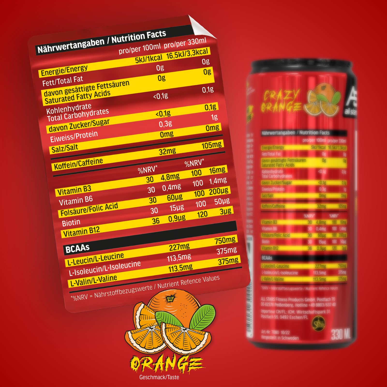 ALL STARS Raw Intensity Energy Drink zuckerfrei Orange, 24 x 330ml | Erfrischungsgetränk mit 1500mg Aminosäuren, 105mg Koffein und B Vitaminen, Pre-Workout Booster zur Trainingsunterstützung