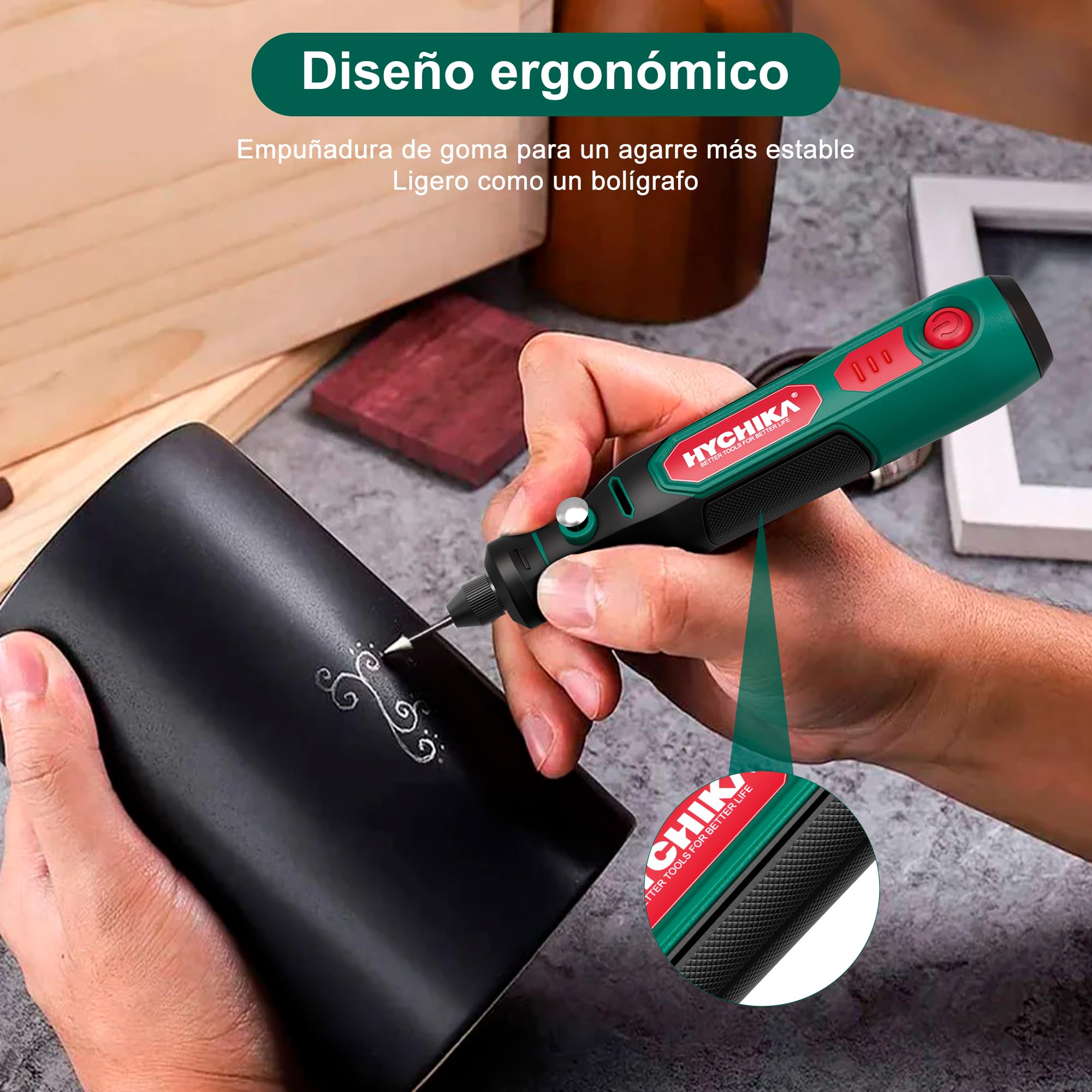 HYCHIKA 3,6V Mini Amoladora Eléctrica Bateria，Con 77 Accesorios para Taladrar, Lijar, Pulir, Grabar，Mini Taladro Eléctrica con Velocidad Ajustable y Carga Tipo-C，Herramienta Rotativa Ideal para DIY