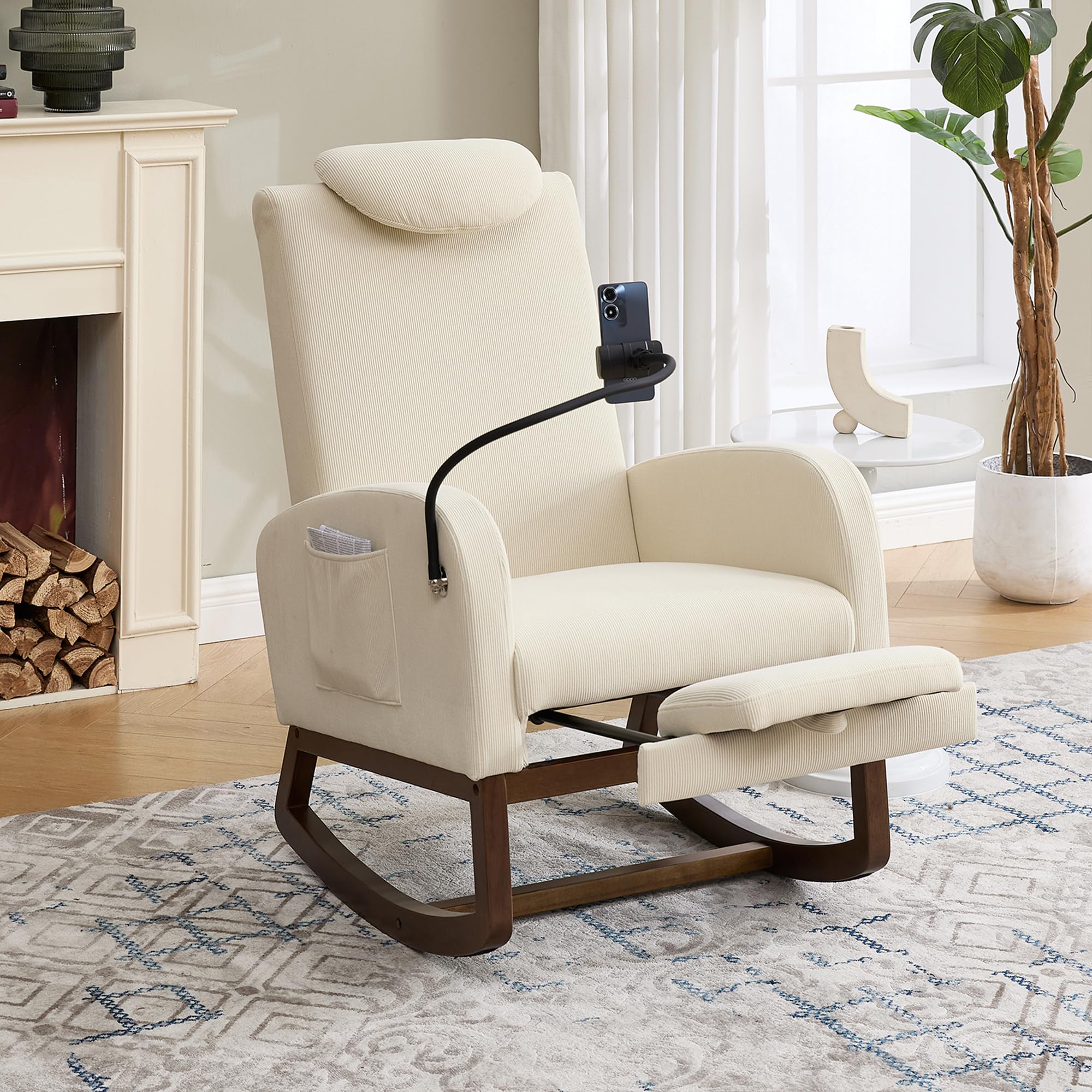 Plush Rocking Chair with Side Pocket, Phone Holder, and Extendable Footrest - Perfect for Living Room, Bedroom, or Balcony - Comfortable Reading Chair, 65-88-99 cm