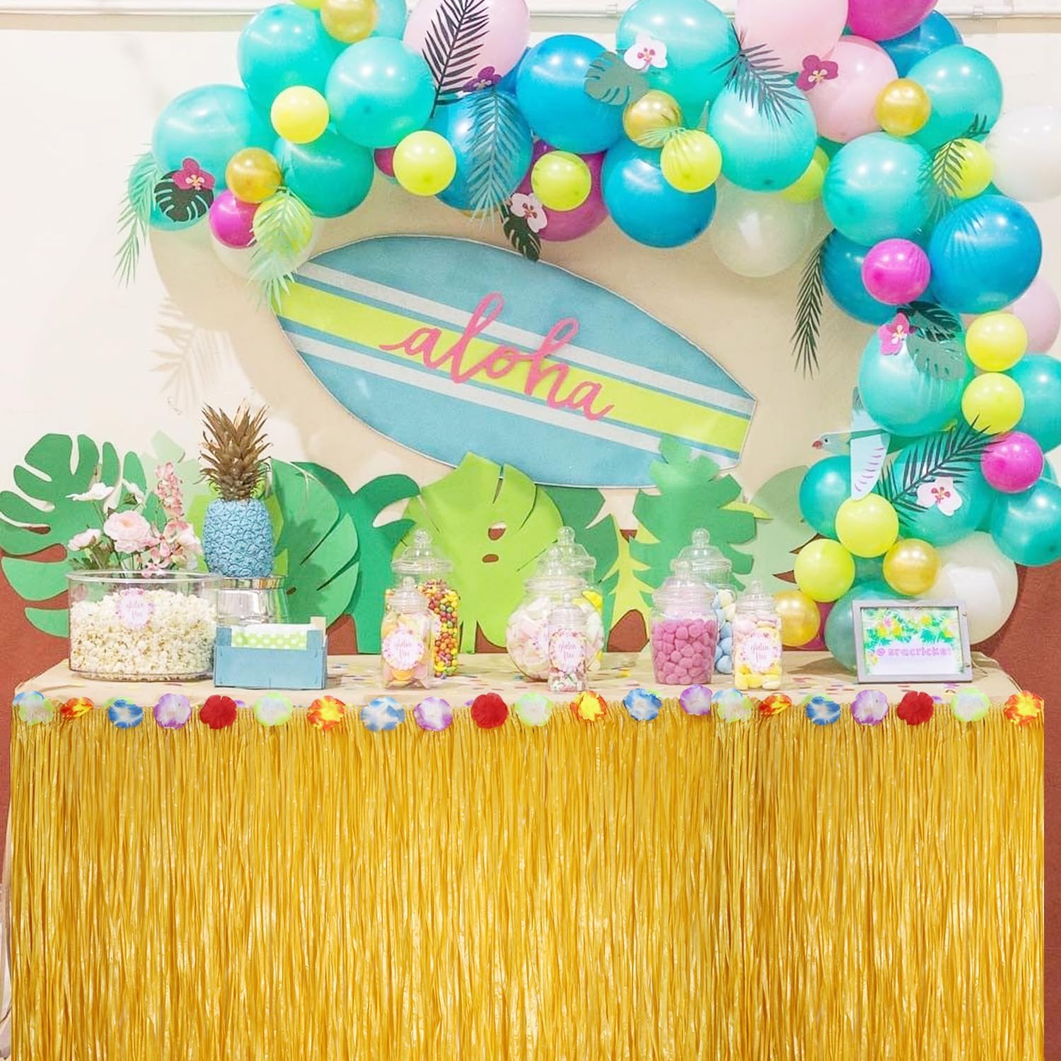 Jupe De Table Hawaïenne En Herbe Naturelle Jaune Paille – 2,7 M Extensible – Décoration Luau Hibiscus