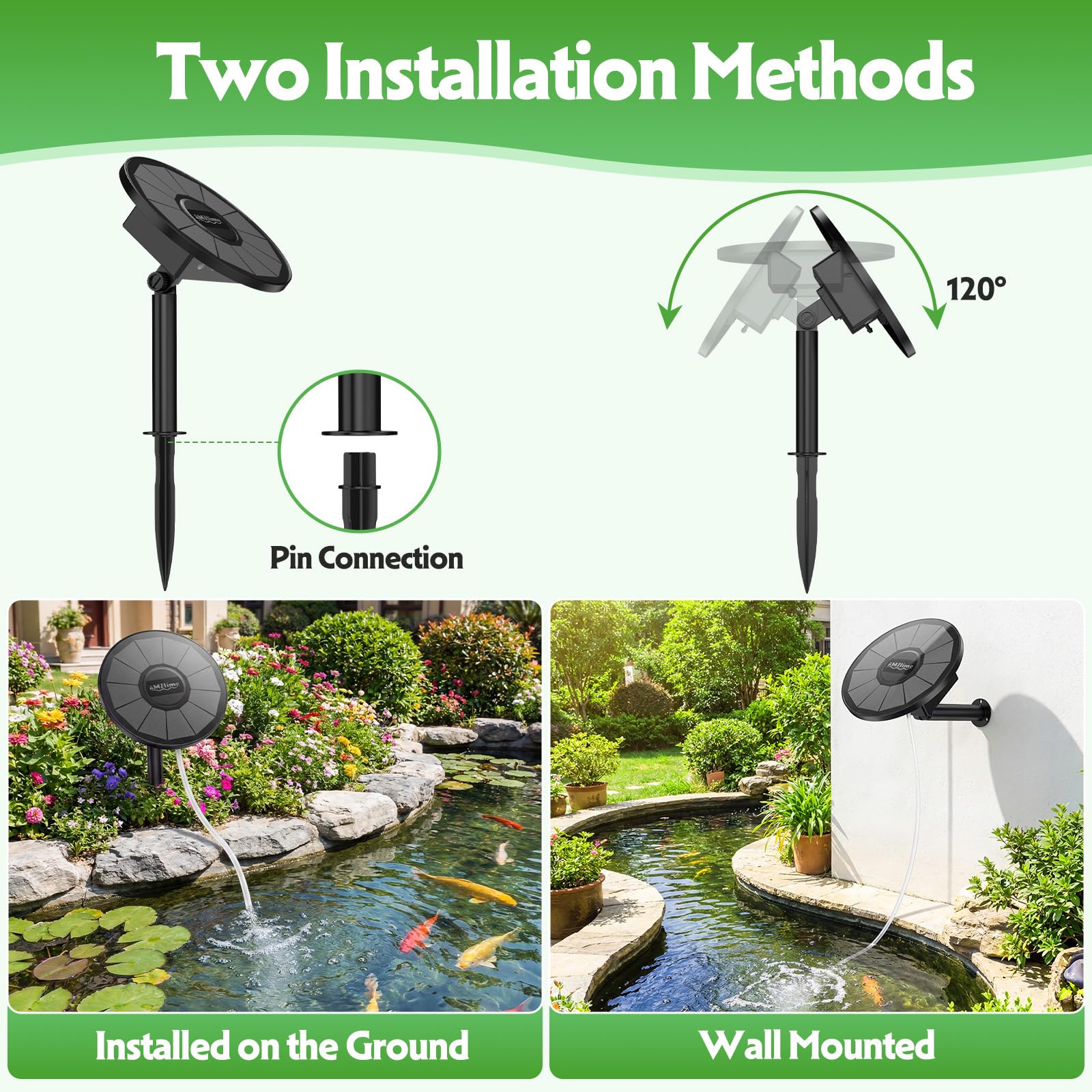 AMZtime Aireador solar de oxígeno, bomba de aire solar de estanque de 3 W con 2 modos de burbuja para acuario, pecera, estanque pequeño al aire libre, hidroponía