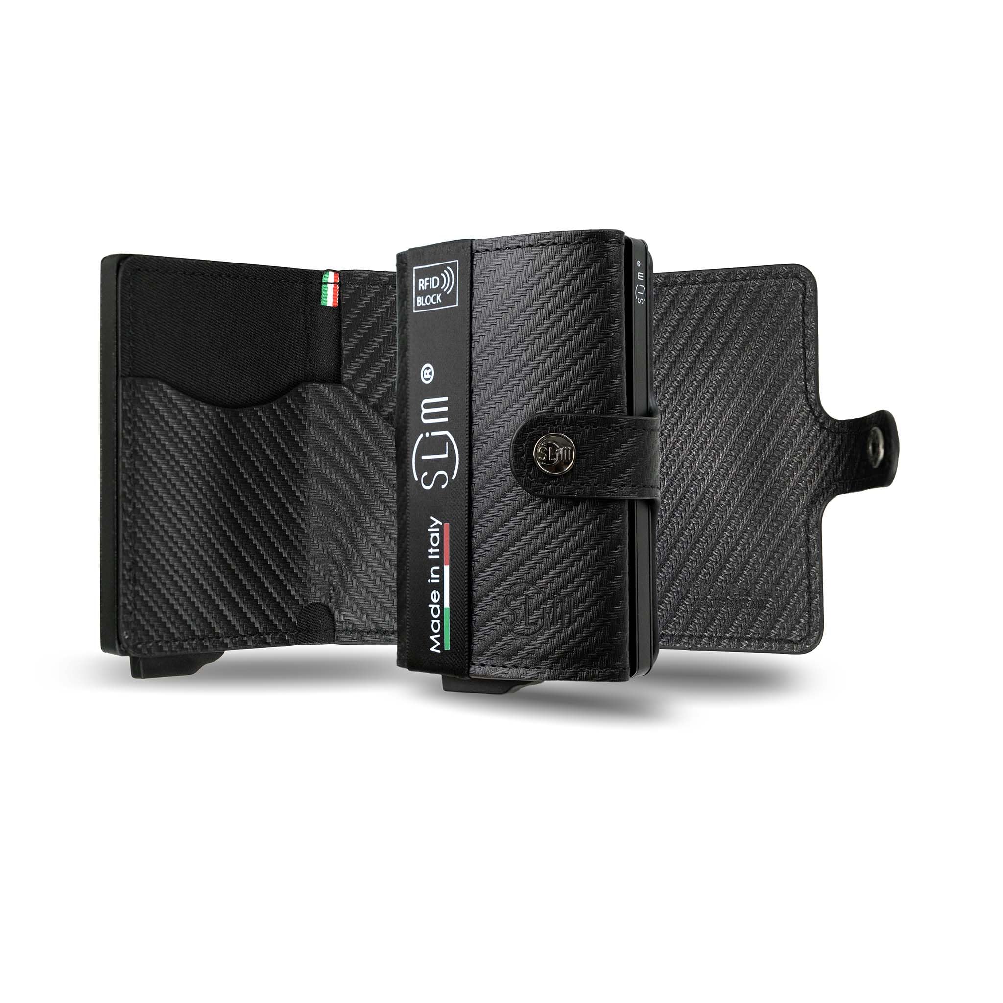 Porta tarjetas de crédito SLim® con protección RFID - Tarjetero anti-clonación - Billetera/tarjetero Unisex - Fabricado en cuero y fibra de carbono, Negro