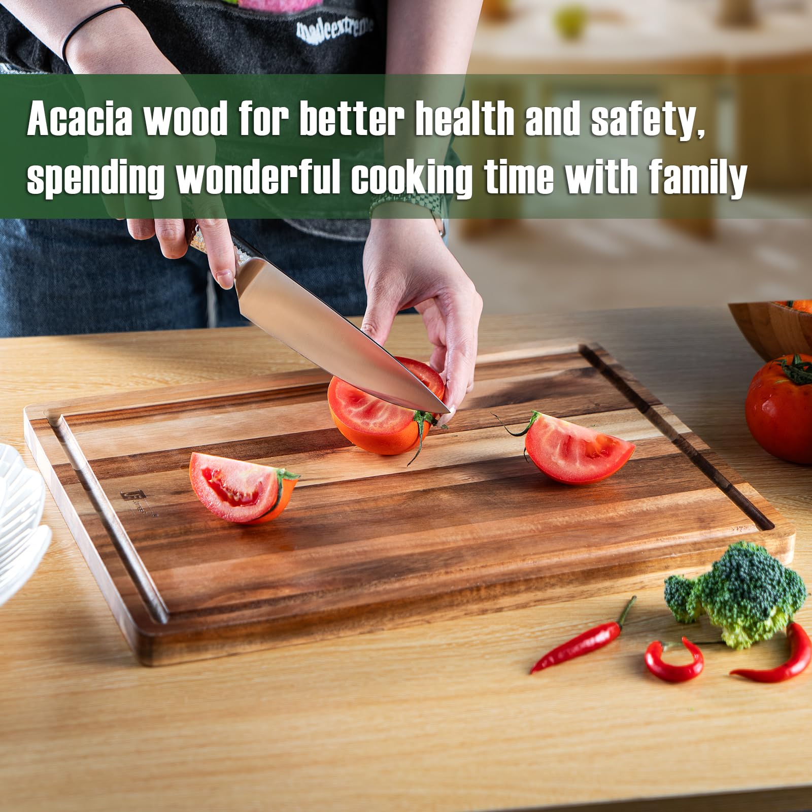 Tabla de cortar, tabla de cortar de madera de acacia con ranura de jugo, tabla de cortar de madera para preparación de alimentos, carne de frutas y verduras