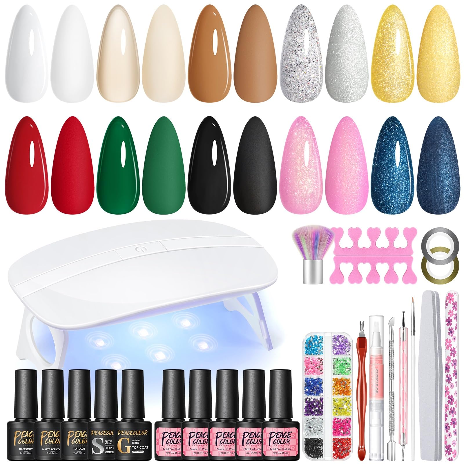 Peacecolor Kit Uñas Semipermanentes, 15PCS Uñas Semipermanentes Kit Completo con Lámpara UV y Base Top Coat Kit Manicura Semipermanente