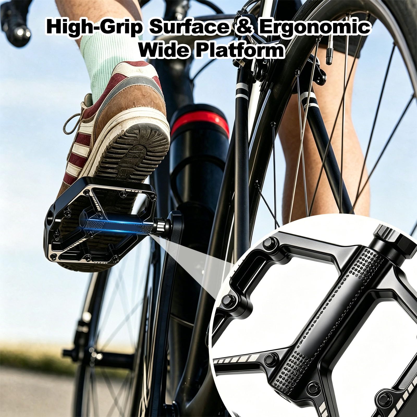 VINATO Pedali Mtb Pedali Bicicletta Alluminio Pedali a piattaforma leggeri e larghi con due cuscinetti sigillati DU Pedali da bici da 9/16 pollici
