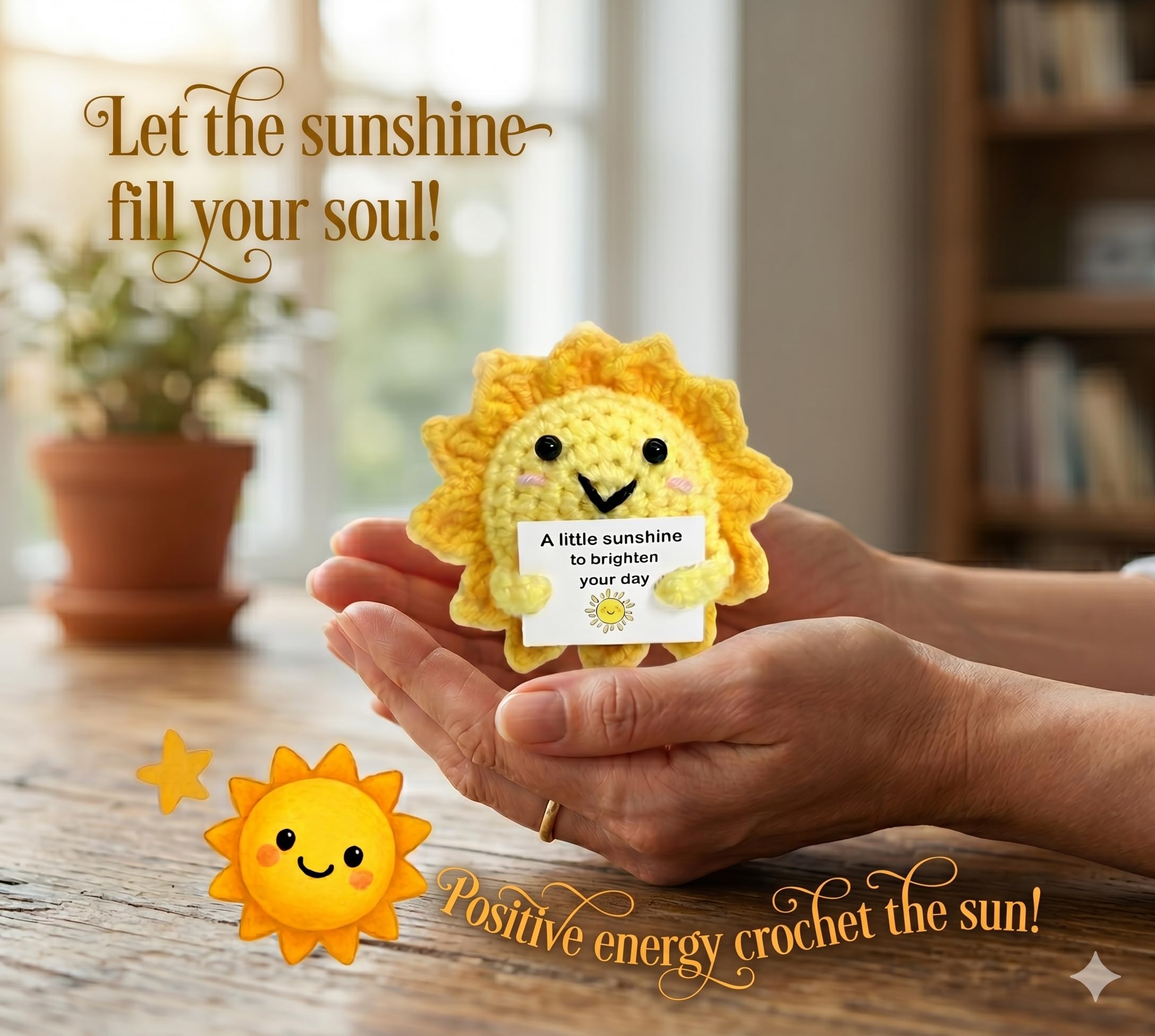 Positive Energy Crochet Sun Gift with Inspiring Affirmation Card, Handmade Emotional Support Sunshine, Thoughtful Stress Relief Present for Women and Men, Cute Birthday and Office Desk Décor
