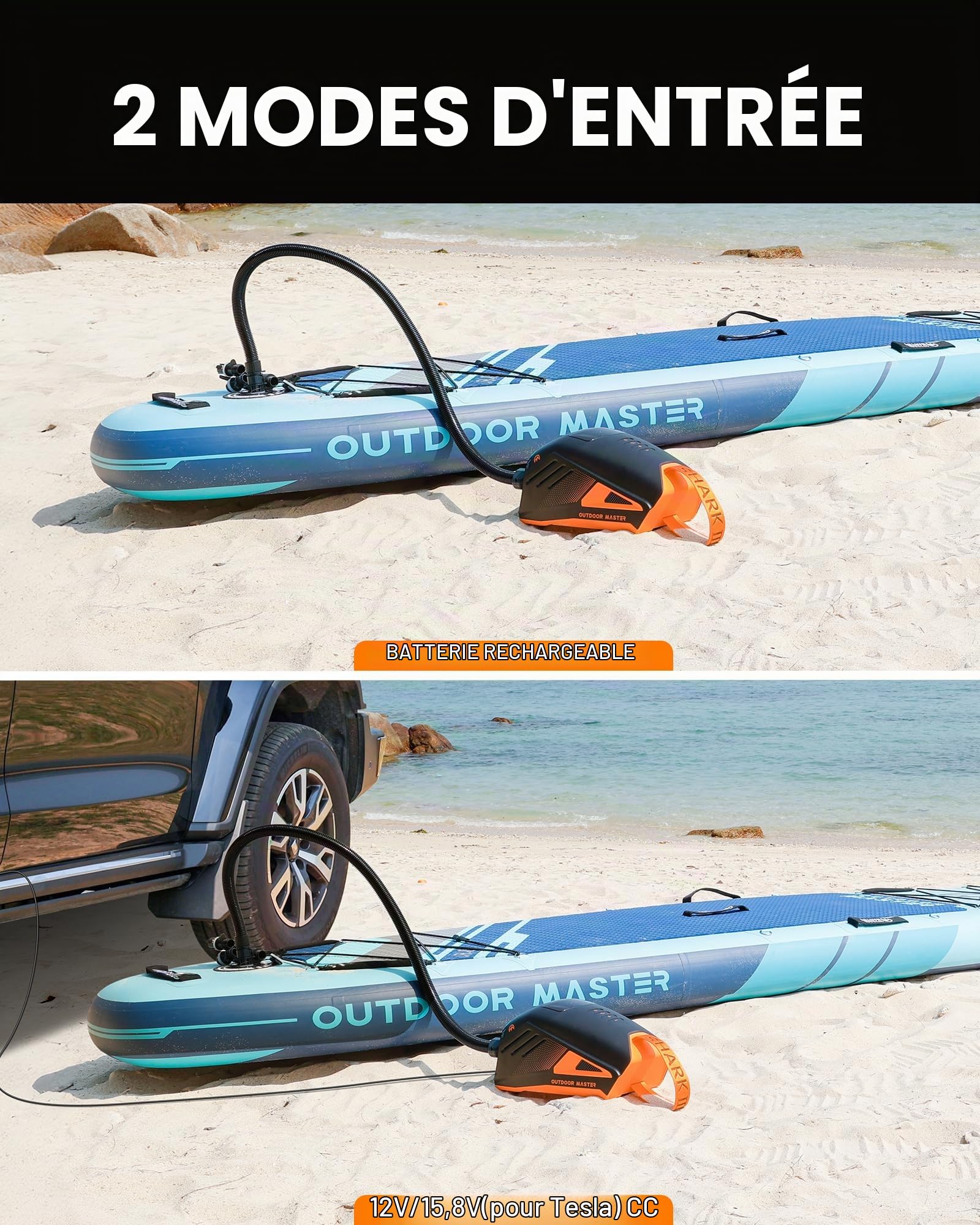 OutdoorMaster Shark 3 Pompe à Air Électrique, 3'50" Inflation Rapide, 20 PSI Pompe Sup Rechargeable 74 Wh, Arrêt Automatique et Déflation, Entrée 12V/15,8V DC et Type-C, 8 Embouts pour Gonflables
