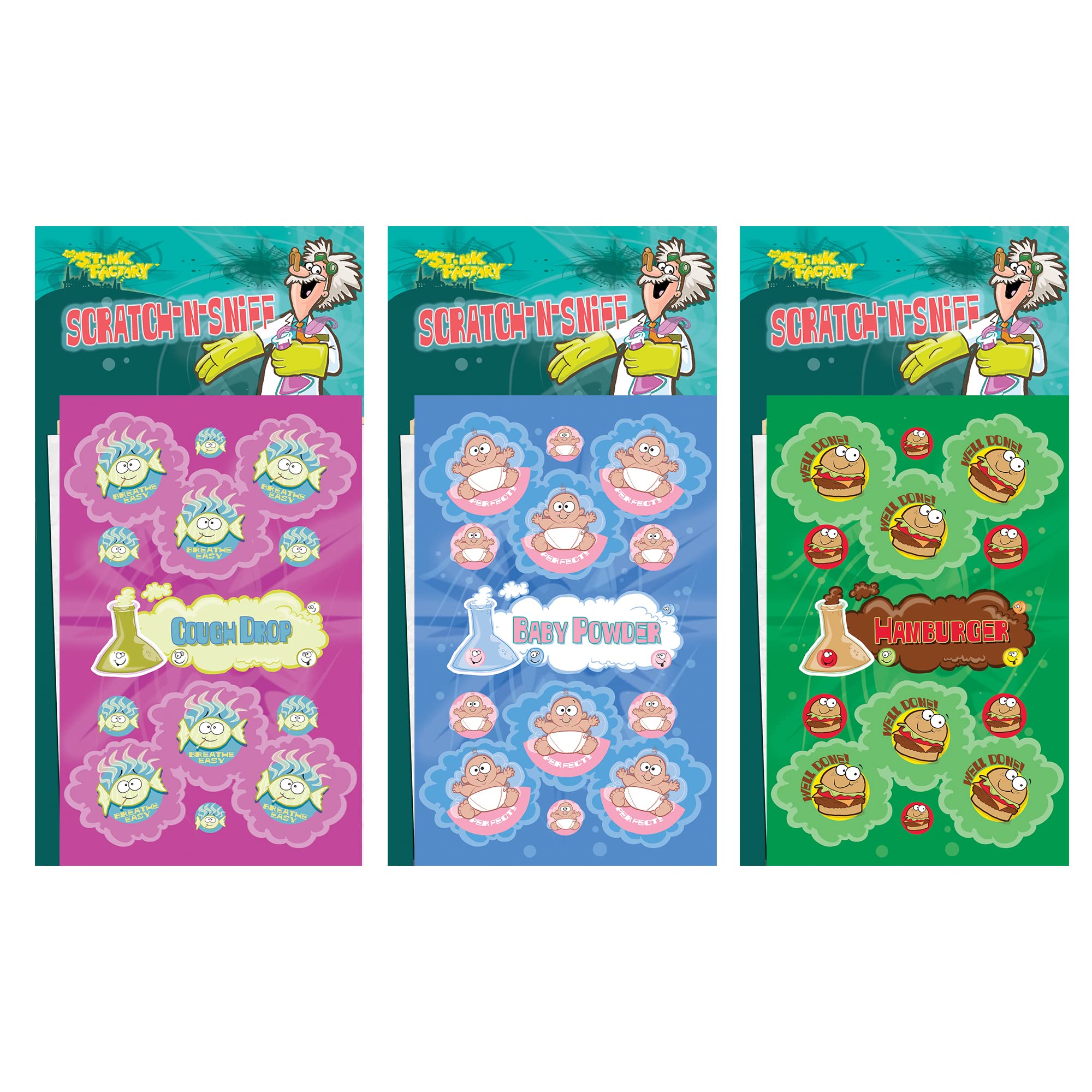 Just For Laughs Dr. Stinky's Scratch N Sniff Stickers 3-Pack, Baby Powder, Cough Drop, Hamburger, 81 Total (Series 4)