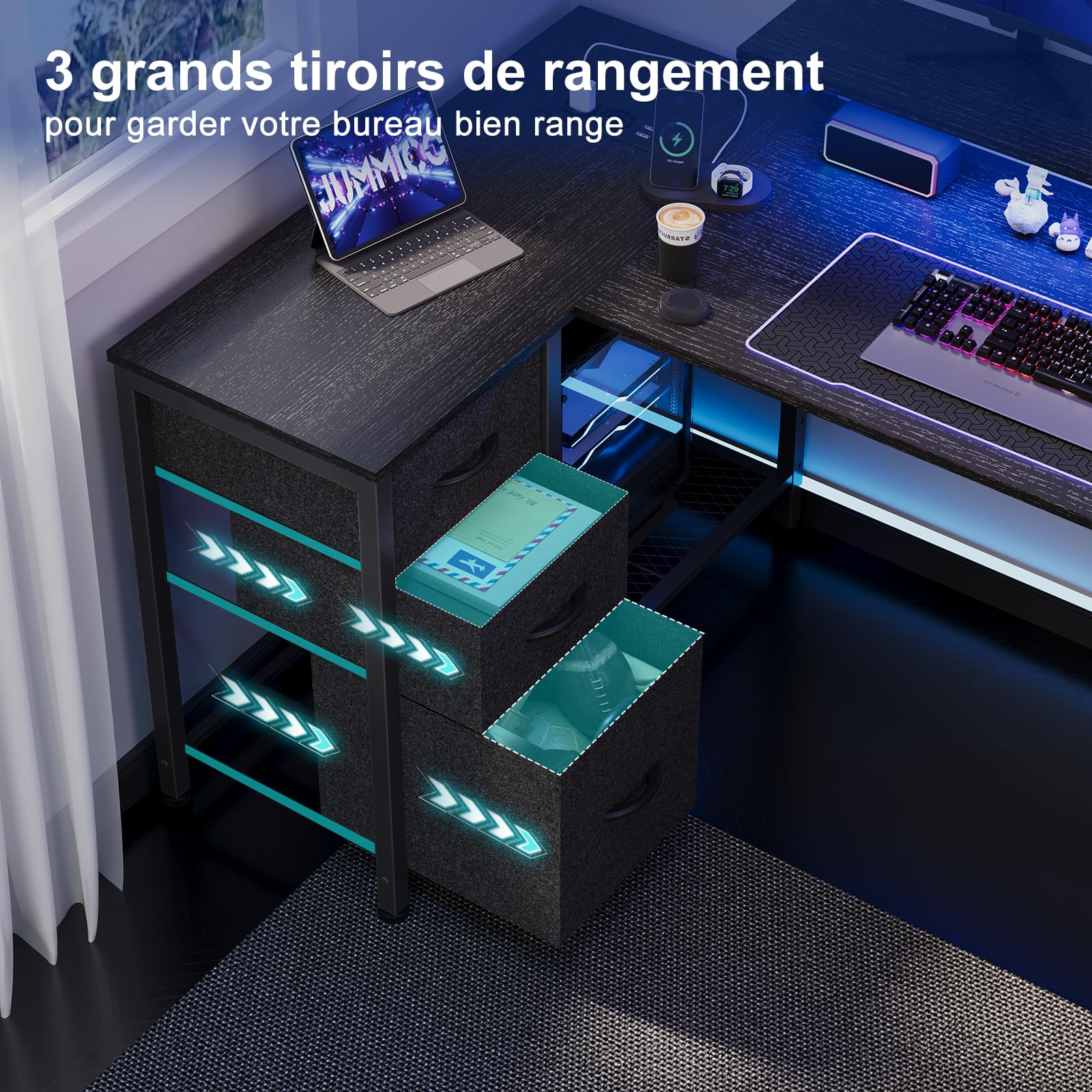 JUMMICO Bureau Gaming en U Réversible 170x95cm, Bureau d'angle, USB, Noir