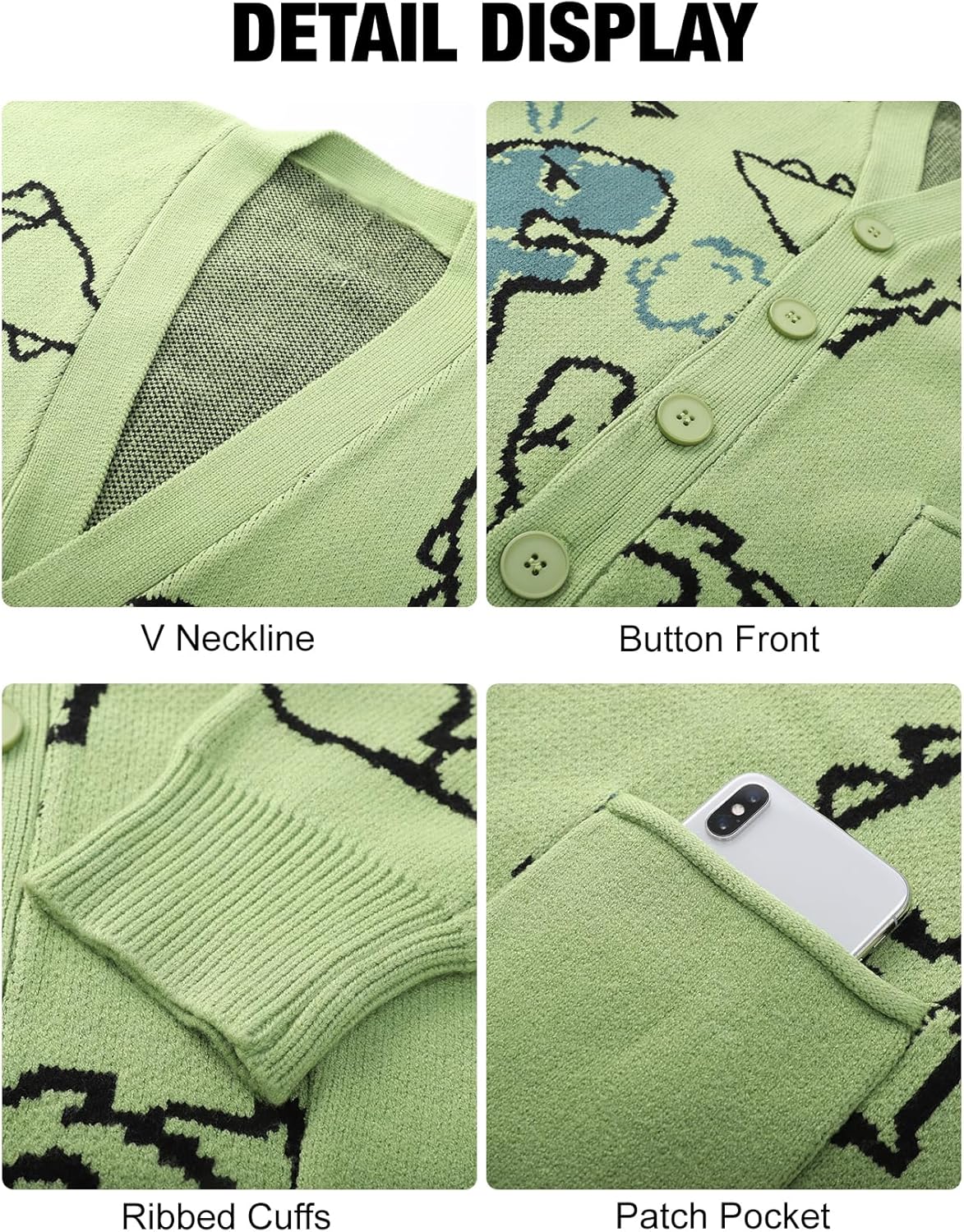 Flygo Mens Dinosaur Sweater Chunky Oversized Knitted Cartoon Button Down Sweater Cardigan - Image 7