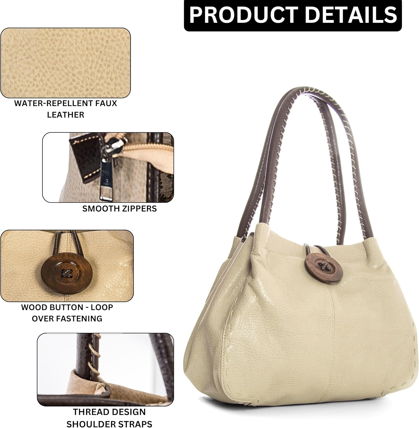 Mabel London Faux Leather Shoulder Purse for Women – Top Handle Handbag with Wood Button Detail & Zip Closure – Olivia