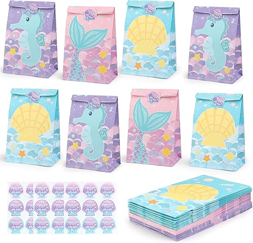 HEJIN 30 bolsas de recuerdo de fiesta de sirena con calcomanías, decoraciones de cumpleaños de sirena, ideales para niñas y niños bajo el mar,