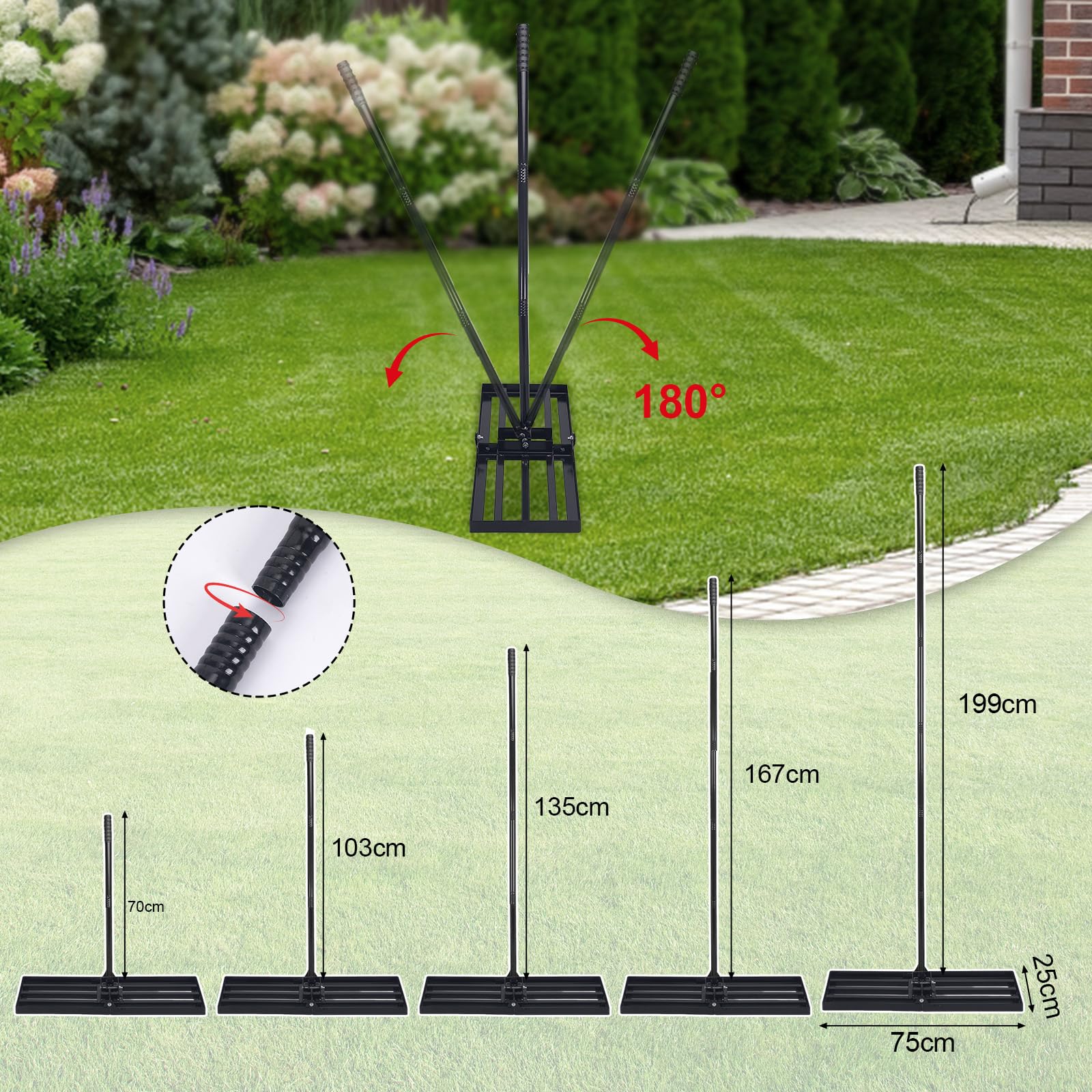 Rastrillo nivelador de césped de 75x25 cm, rastrillo con Mango Ajustable | práctico y que ahorra esfuerzo, ideal para césped, jardín, campo de golf, tierra y arena.