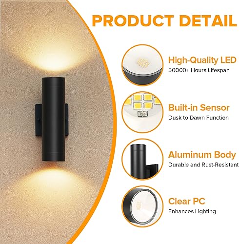 Miniatura 4 de LUTEC Dusk to Dawn Outdoor Wall Lights, 16W Integrated LED Cylinder Up-Down Sconce, 3000K Waterproof Aluminum Exterior Lighting, Matte Black Modern