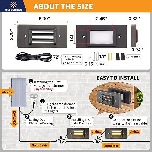 Miniatura 6 de Luces de paso de latón macizo para exteriores, 2 W, 240 lm, 2700 K, luces blancas cálidas, luces de escalera de bajo voltaje de 12 V, LED de 120