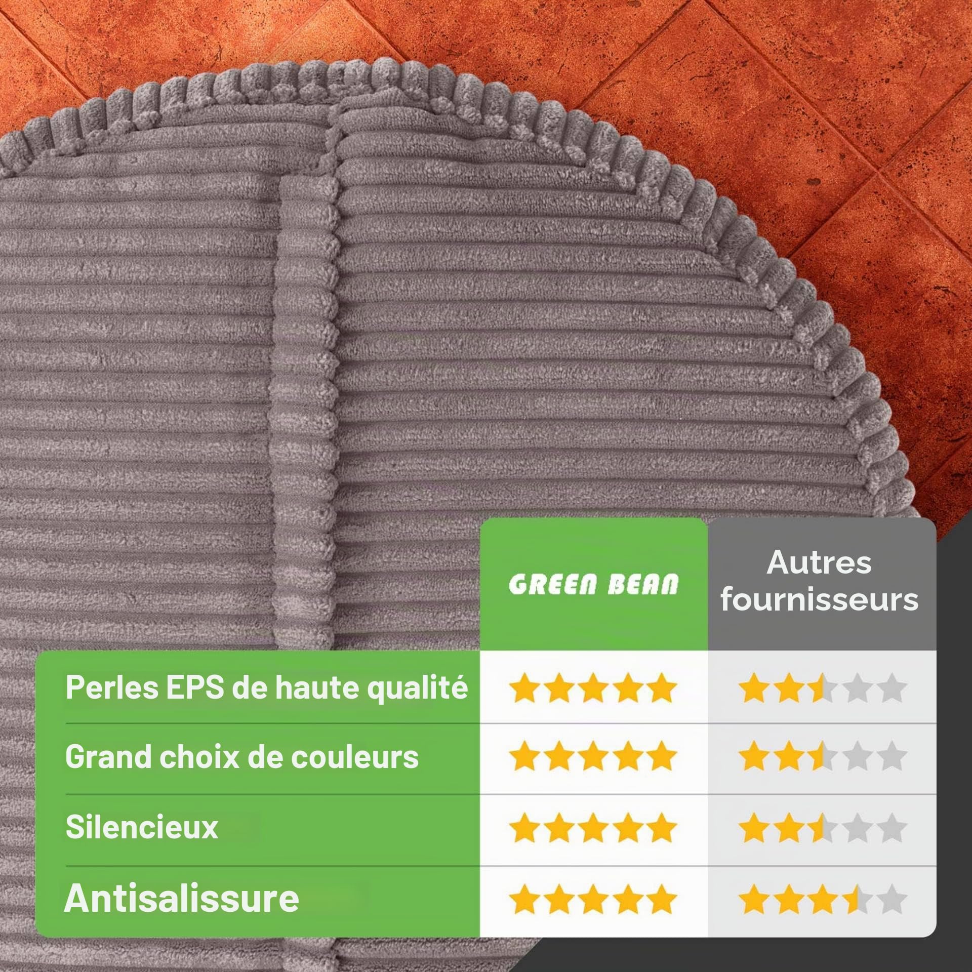 Green Bean© Indoor Pouf 45x25cm EPS-Perles de Remplissage & Tissu Velours côtelé Doux Lavable - Intérieur Coussin de Sol Coussin d'assise Pouf de détente Enfants Adultes Tissu Gris
