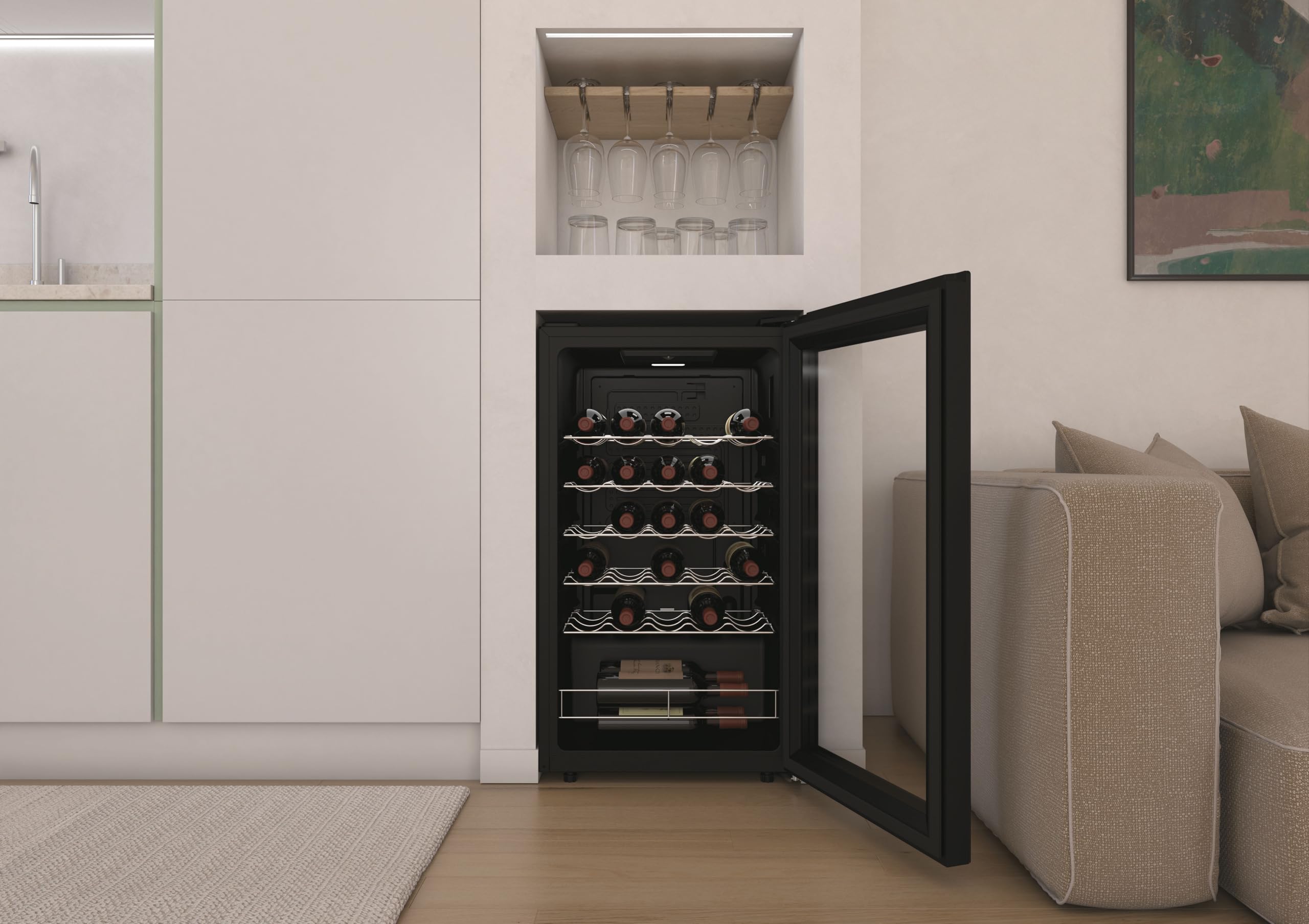 Candy DiVino Cantinetta Vino 23 Bottiglie, Libera Installazione, Vetro Anti-UV, Ripiani Cromati, Luce LED, Porta Reversibile, 37 dB, 85 x 47,5 x 45,6 cm (A x L x P), Nero, CWC023