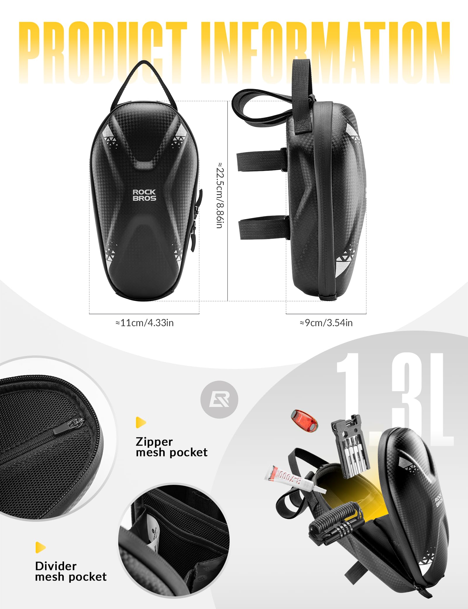 ROCKBROS Sacoche Guidon Trotinette Électrique 1,3L Sac Avant Vélo Pliant VTT Port Charge USB+Type-C Réfléchissant Coque Dure Fibre Carbone Étanche PU Compartiment Filet 4 Sangle Scratch Portable Noir