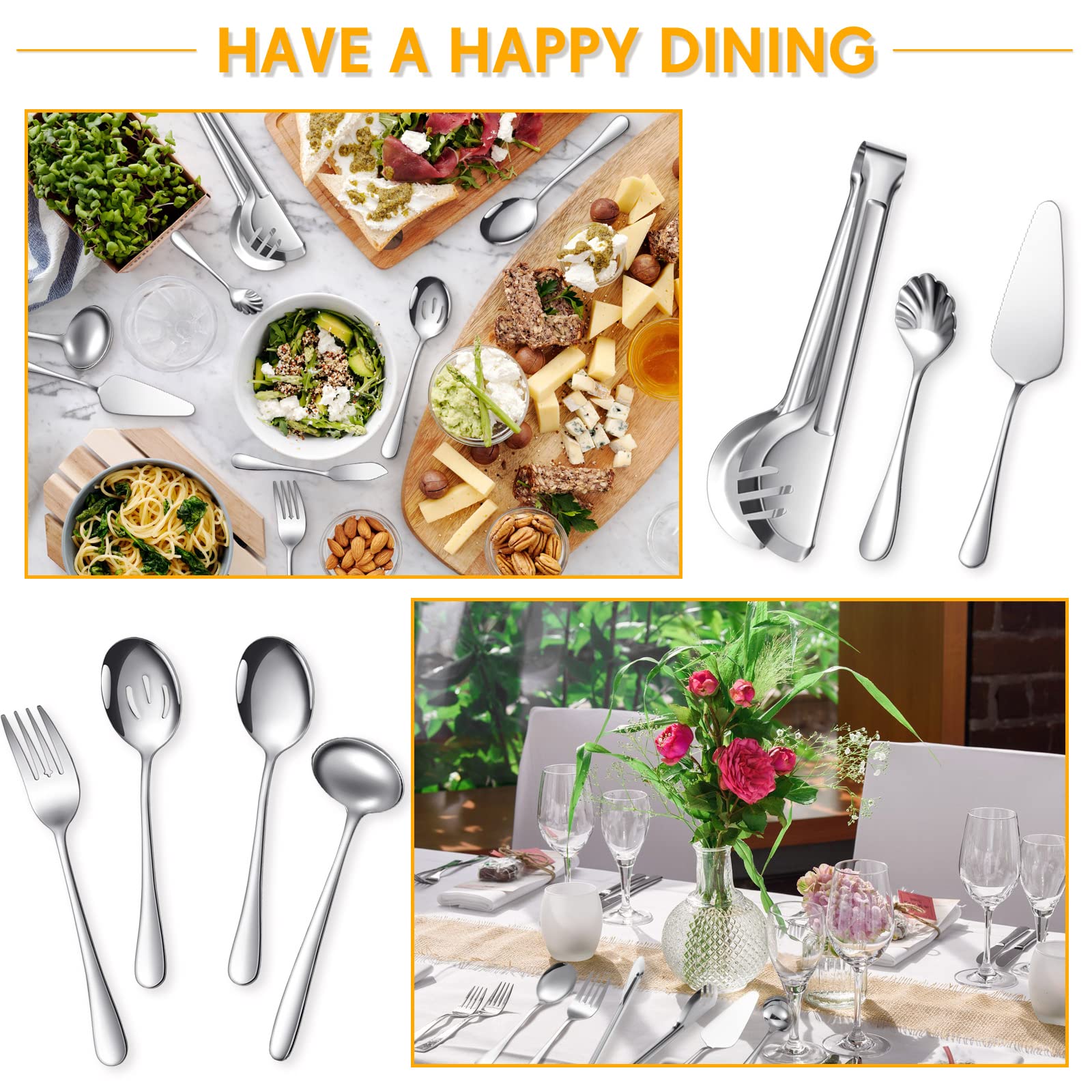 Gli utensili da portata includono grandi cucchiai da portata scanalati, forchette, pinze da servizio, mestolo e server per torte a buffet, utensili per servire in lavastoviglie (argento, 21 pezzi)